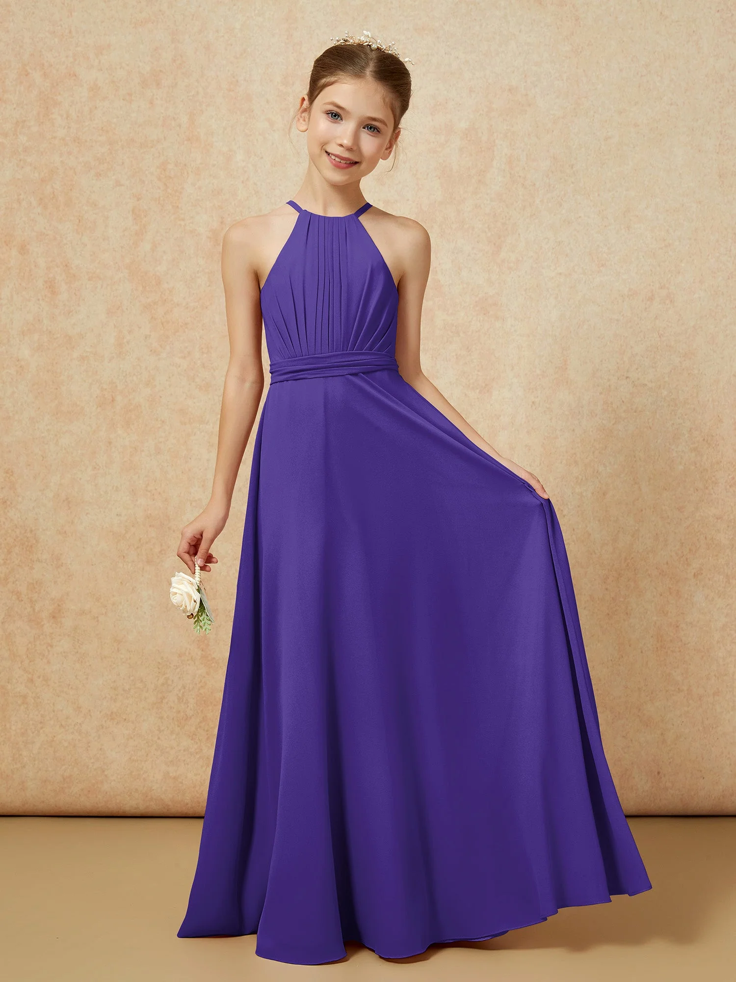 Ärmellos Plissee Lang Chiffon Junge Brautjungfernkleider Regentschaft