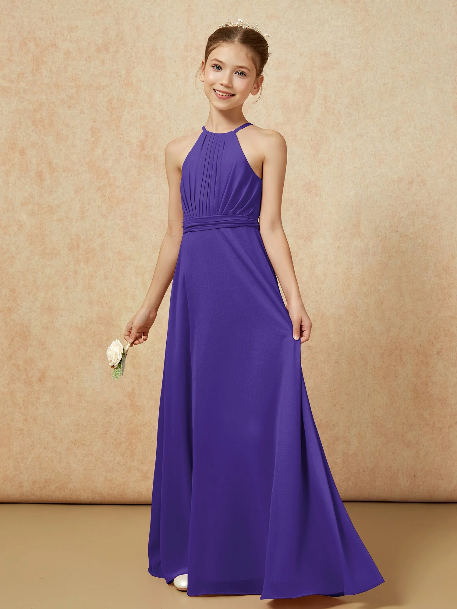 Ärmellos Plissee Lang Chiffon Junge Brautjungfernkleider Regentschaft - Image 3