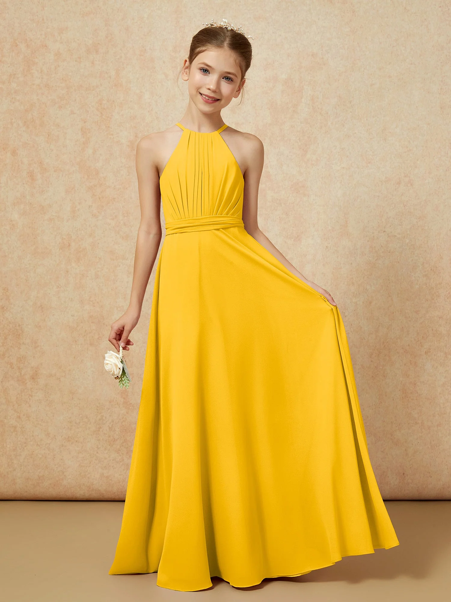 Ärmellos Plissee Lang Chiffon Junge Brautjungfernkleider Ringelblume