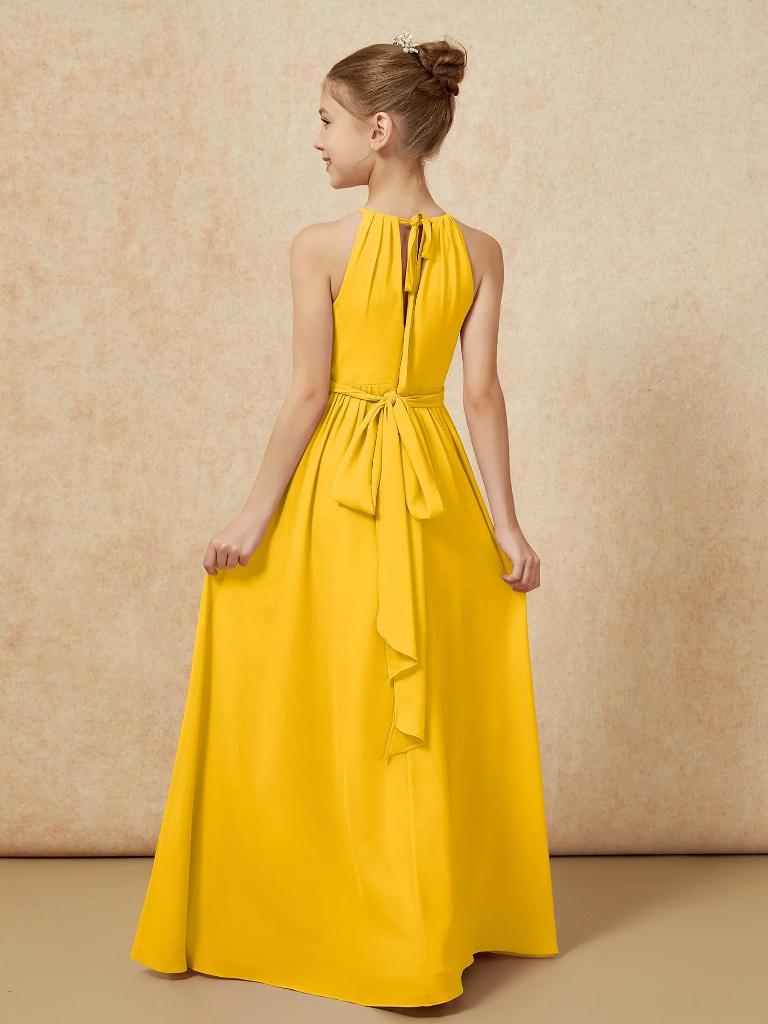 Ärmellos Plissee Lang Chiffon Junge Brautjungfernkleider Ringelblume - Image 2