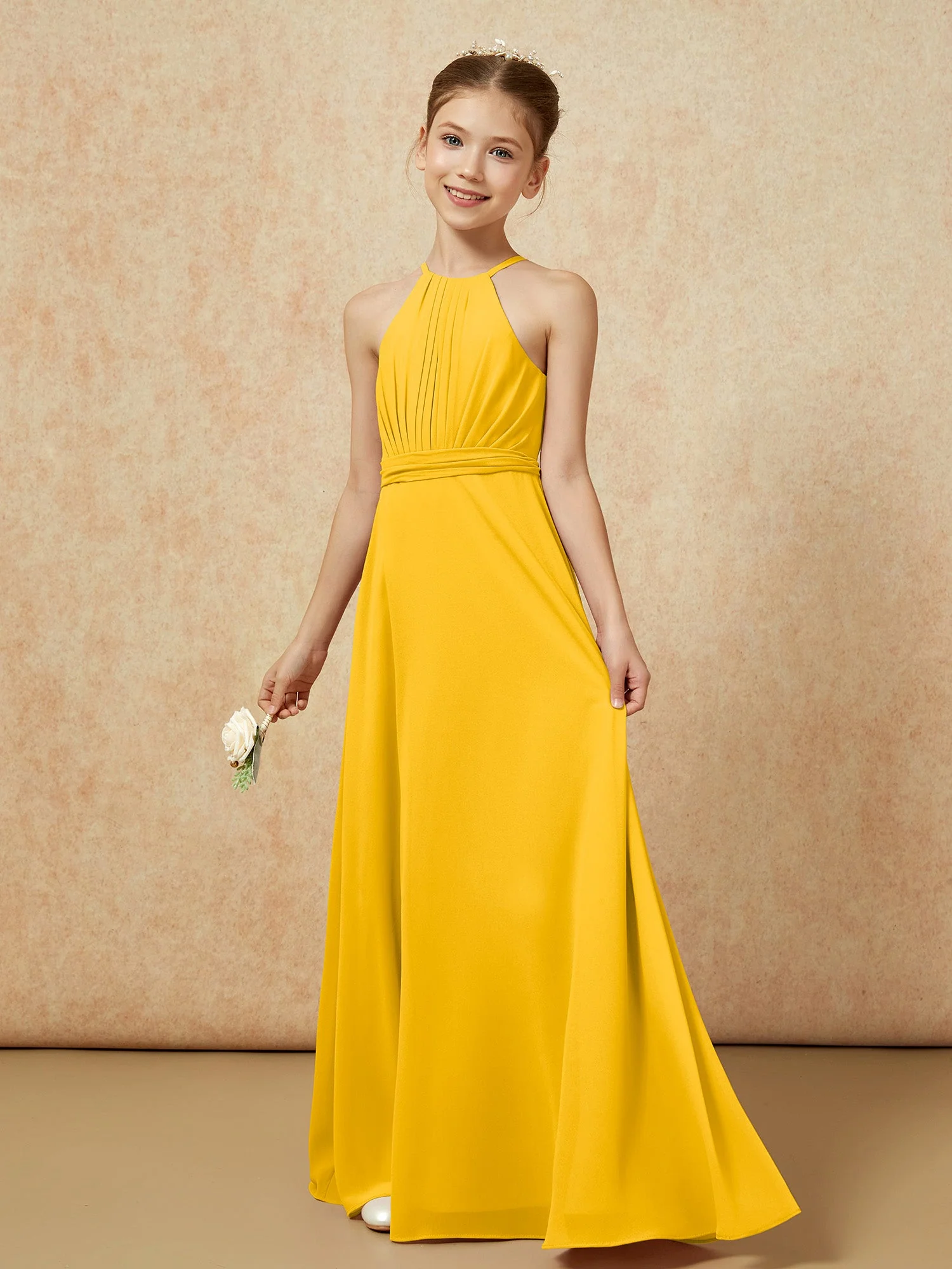 Ärmellos Plissee Lang Chiffon Junge Brautjungfernkleider Ringelblume - Image 3