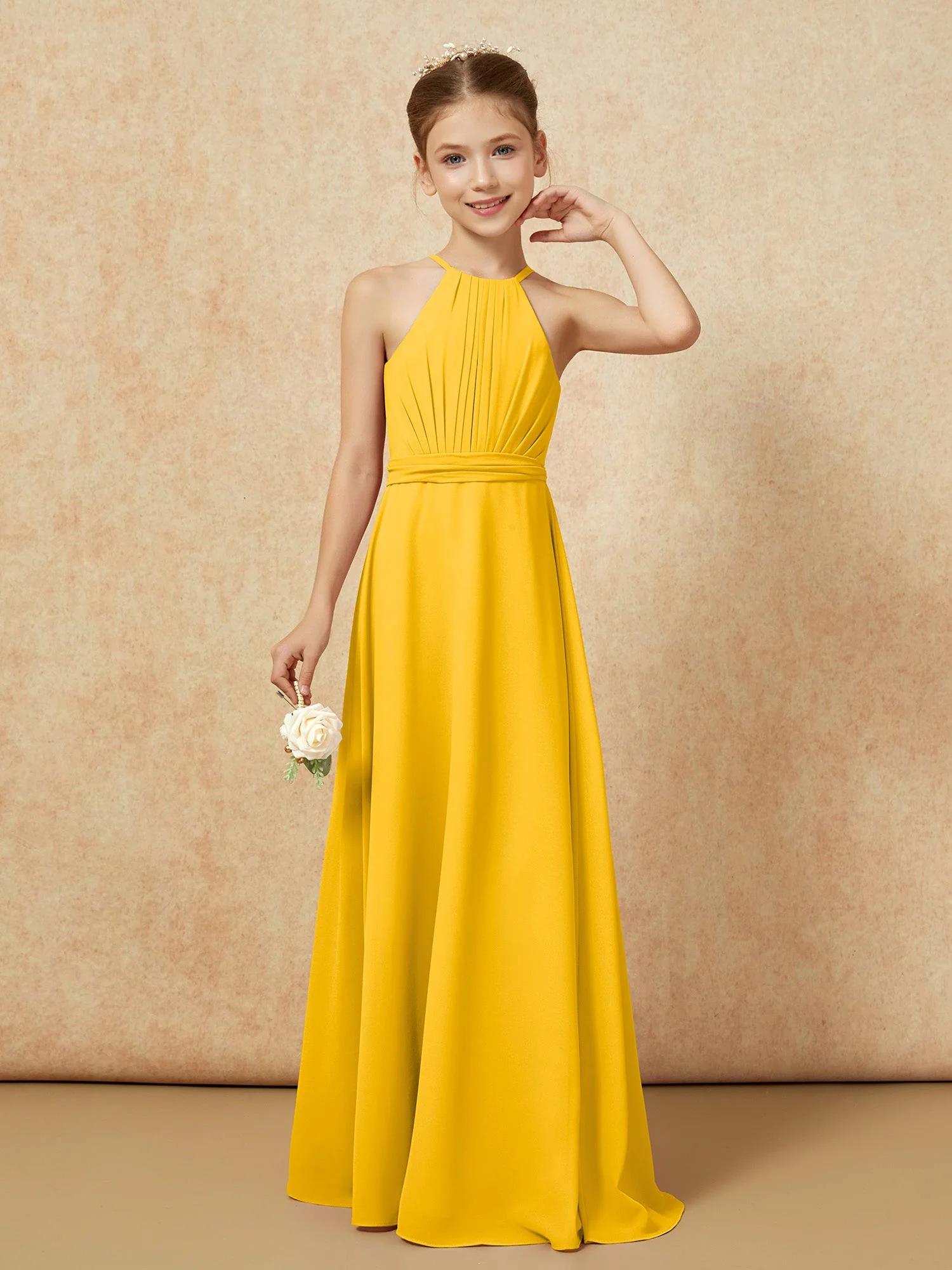Ärmellos Plissee Lang Chiffon Junge Brautjungfernkleider Ringelblume - Image 5