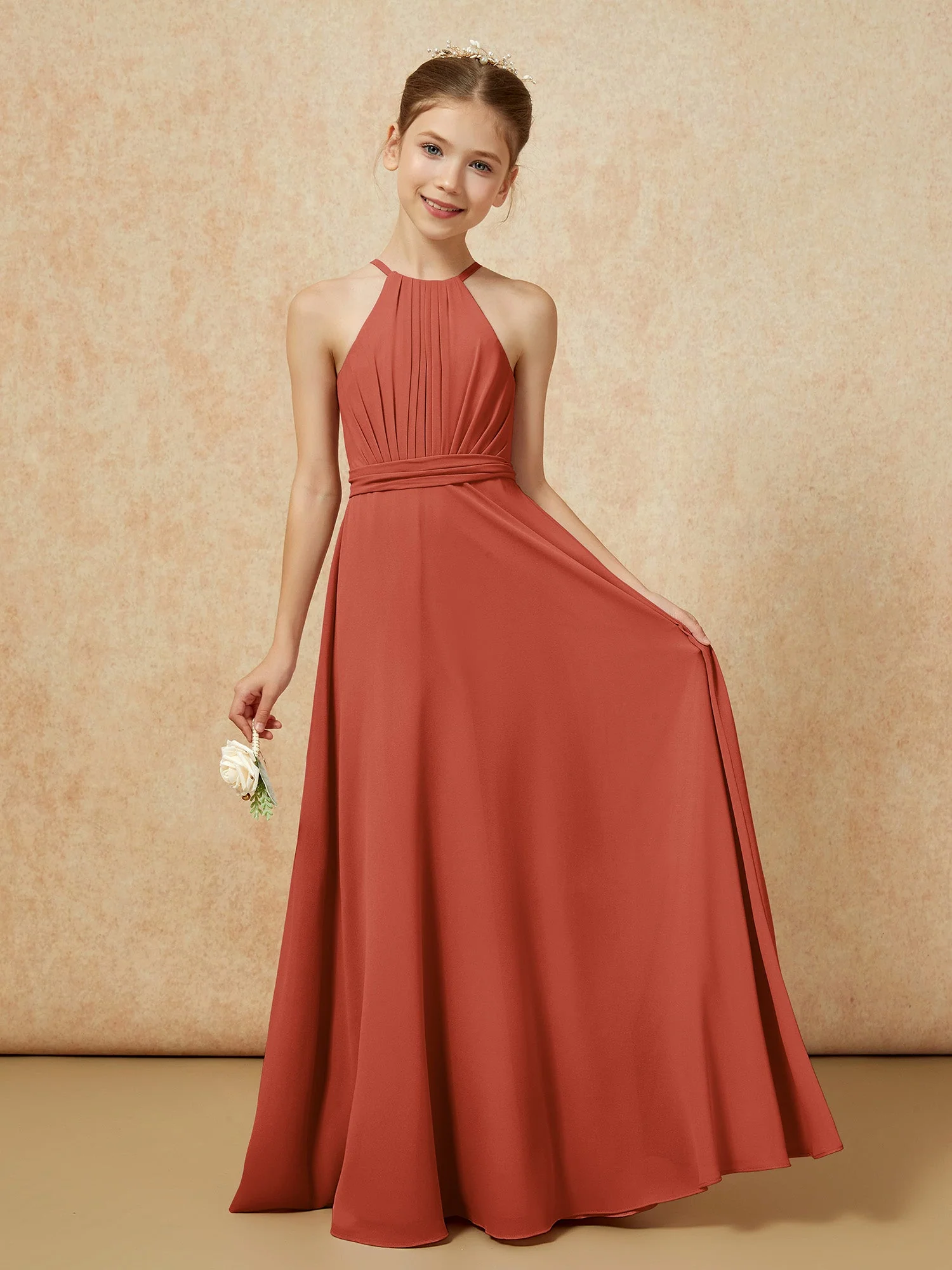 Ärmellos Plissee Lang Chiffon Junge Brautjungfernkleider Rost