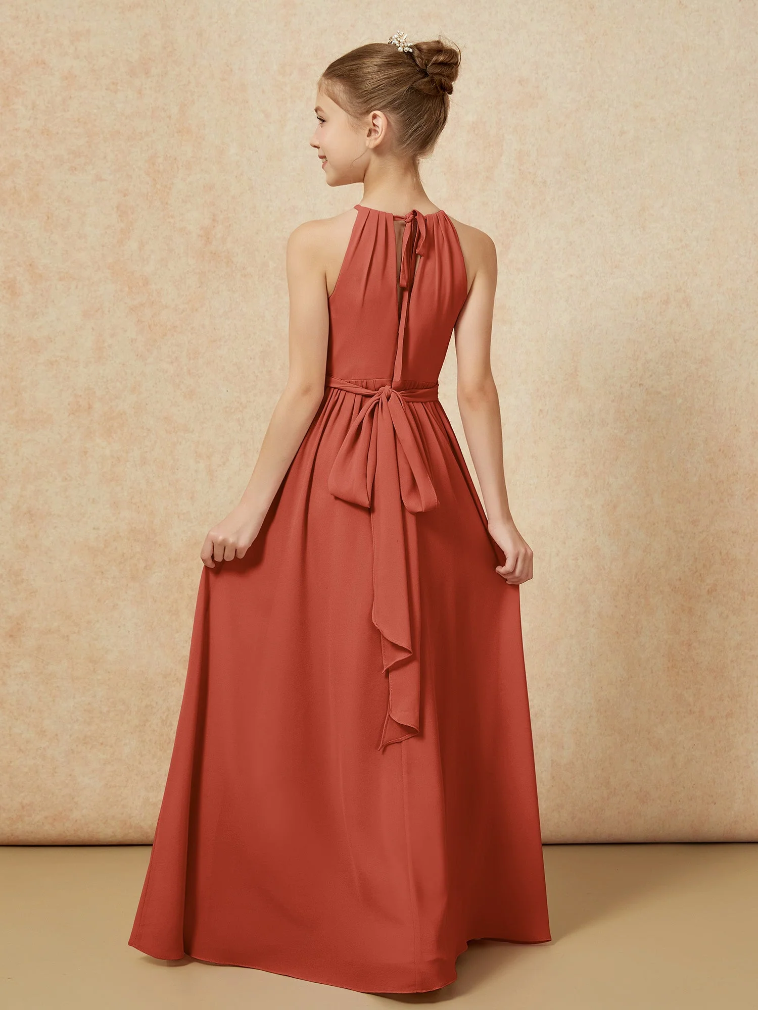 Ärmellos Plissee Lang Chiffon Junge Brautjungfernkleider Rost - Image 2