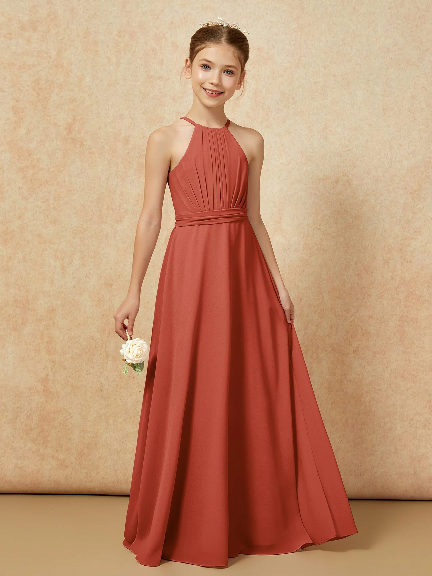 Ärmellos Plissee Lang Chiffon Junge Brautjungfernkleider Rost - Image 6