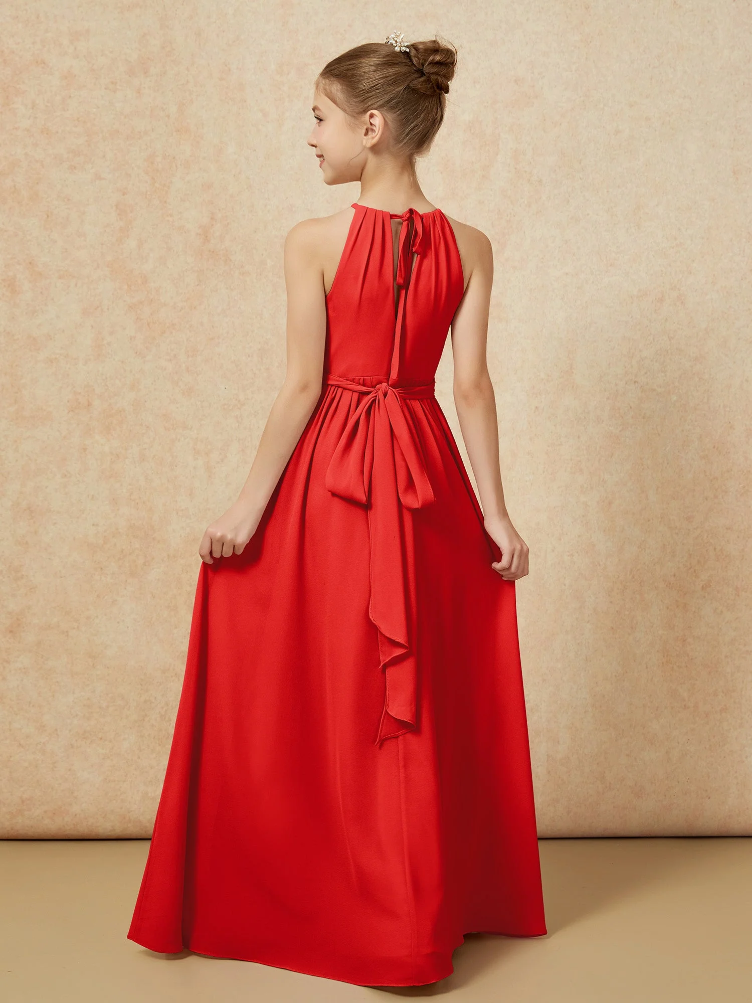 Ärmellos Plissee Lang Chiffon Junge Brautjungfernkleider Rot - Image 2