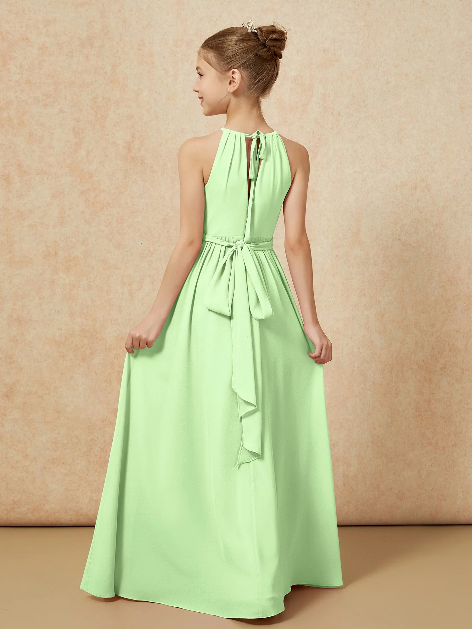Ärmellos Plissee Lang Chiffon Junge Brautjungfernkleider Salbei - Image 2