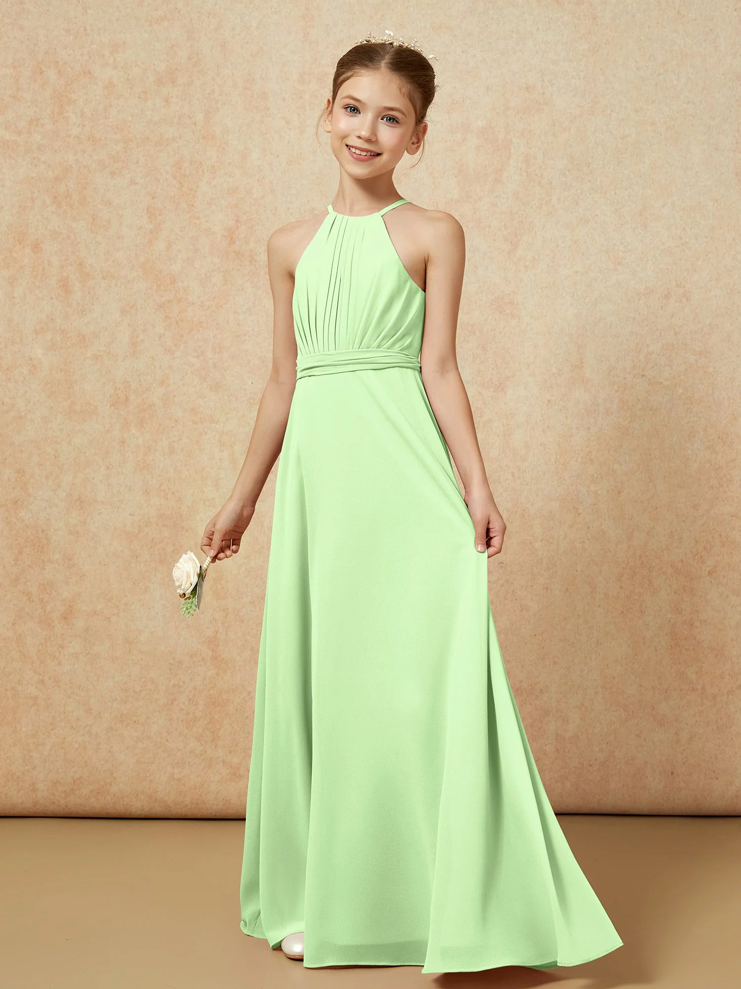 Ärmellos Plissee Lang Chiffon Junge Brautjungfernkleider Salbei - Image 3