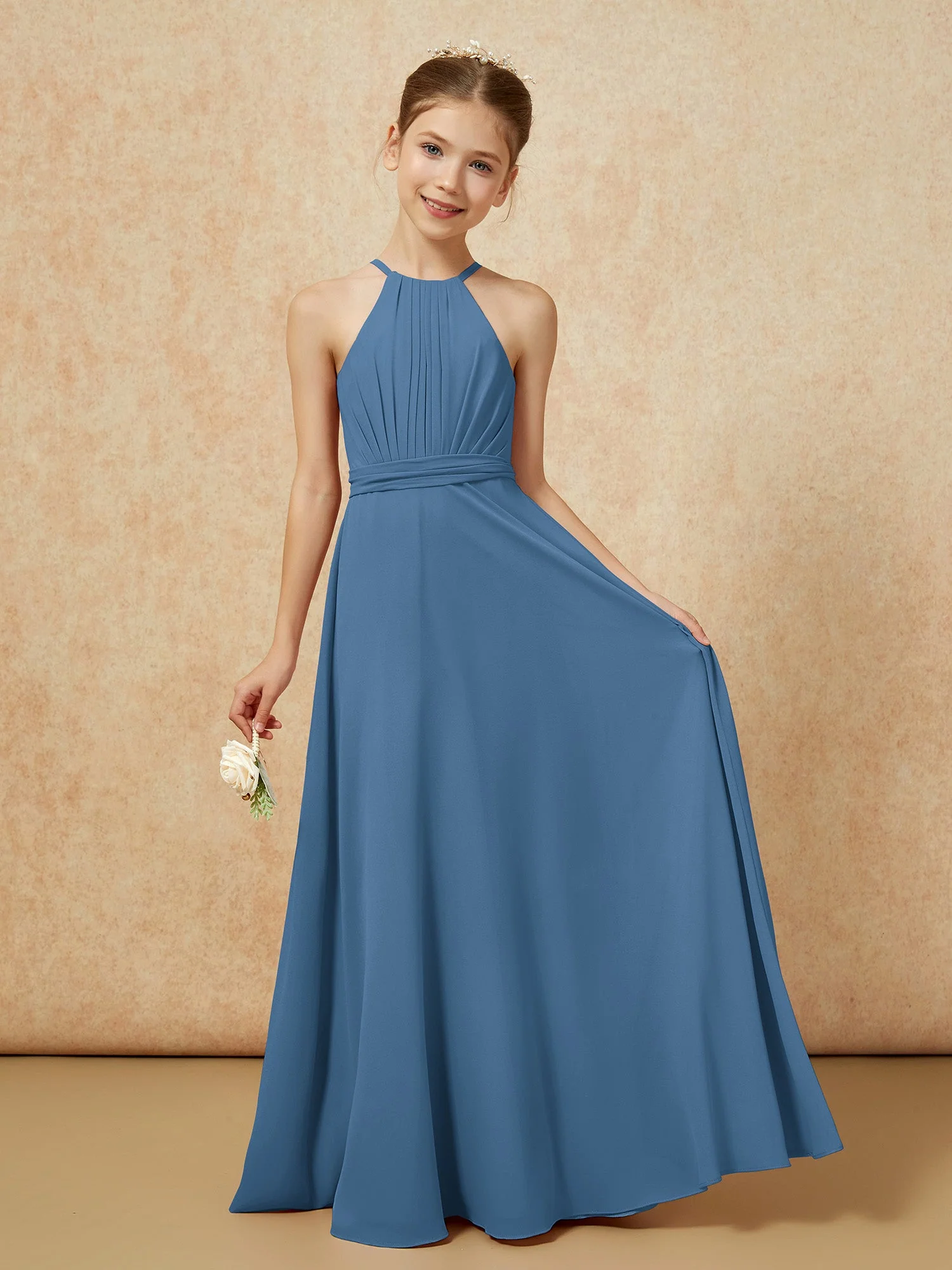Ärmellos Plissee Lang Chiffon Junge Brautjungfernkleider Schiefer Blau