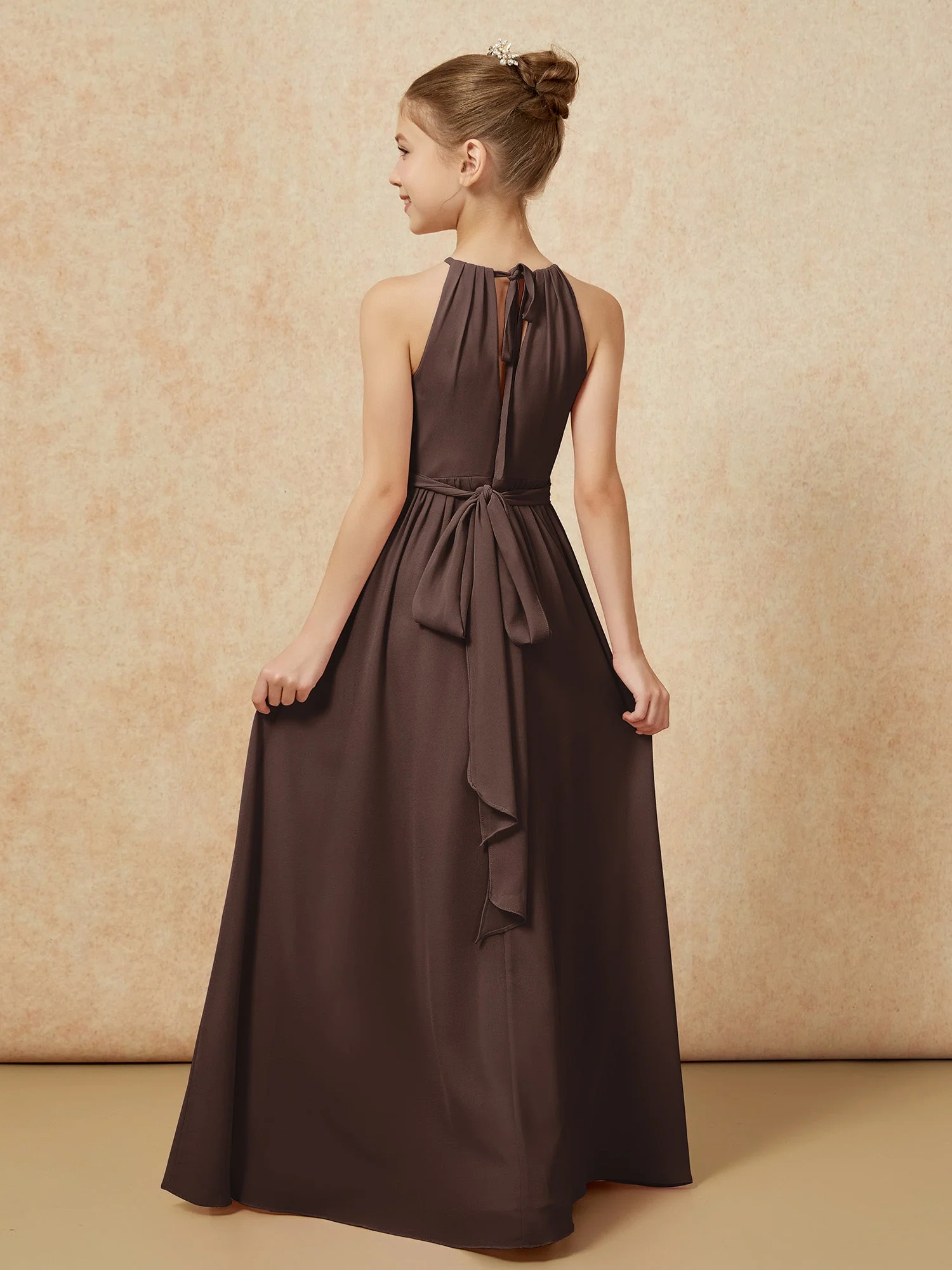 Ärmellos Plissee Lang Chiffon Junge Brautjungfernkleider Schokolade - Image 2