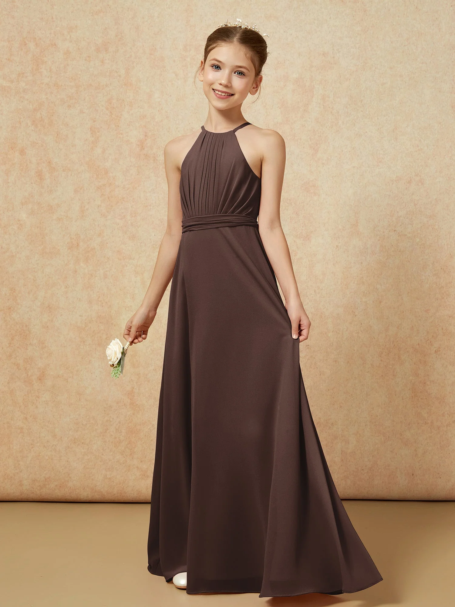 Ärmellos Plissee Lang Chiffon Junge Brautjungfernkleider Schokolade - Image 3