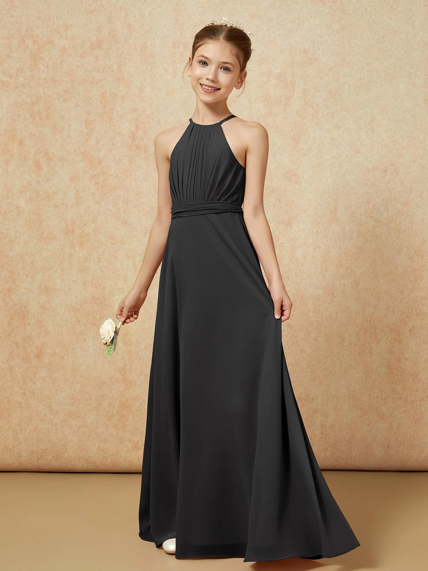 Ärmellos Plissee Lang Chiffon Junge Brautjungfernkleider Schwarz - Image 3