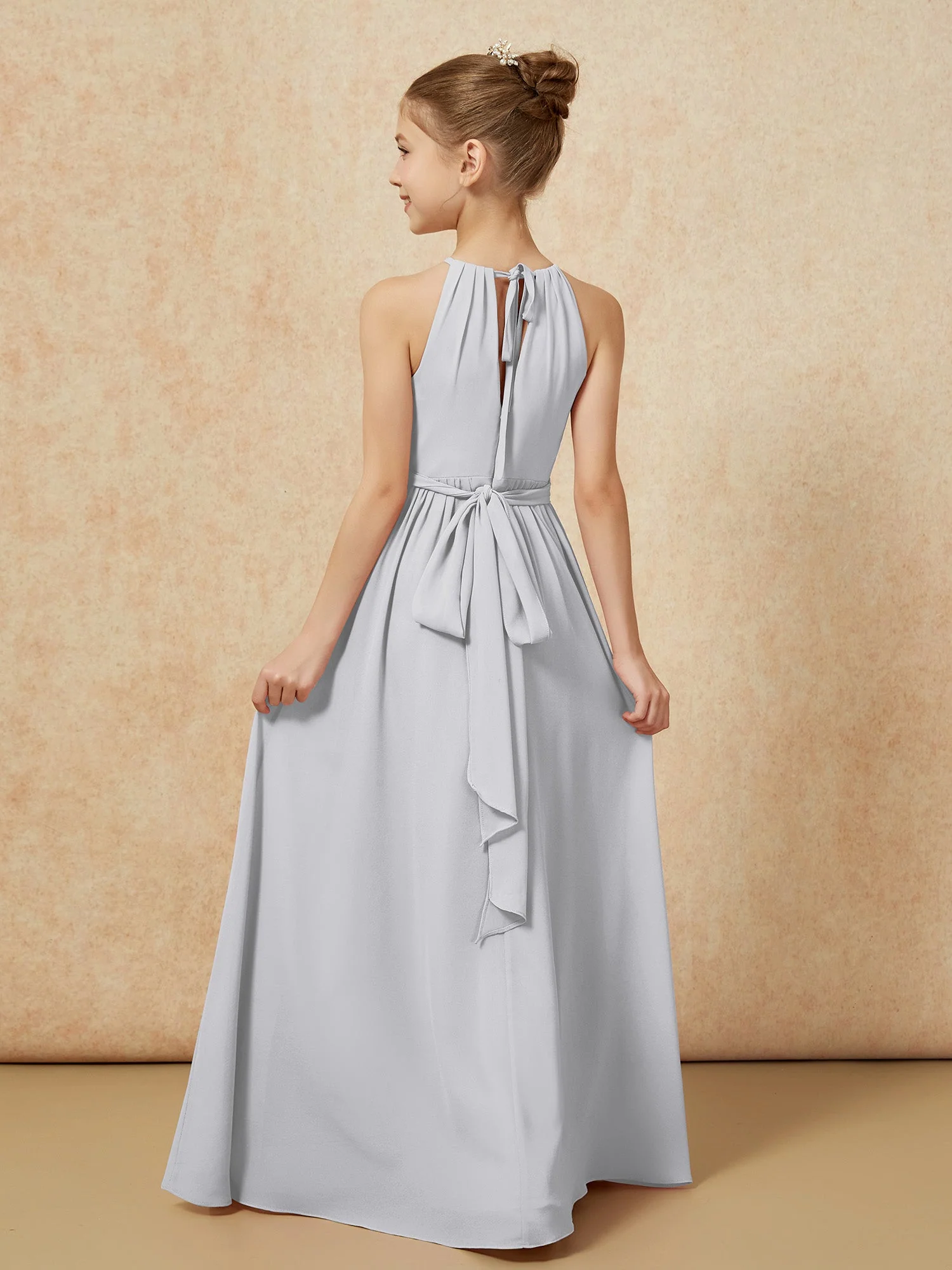 Ärmellos Plissee Lang Chiffon Junge Brautjungfernkleider Silber - Image 2
