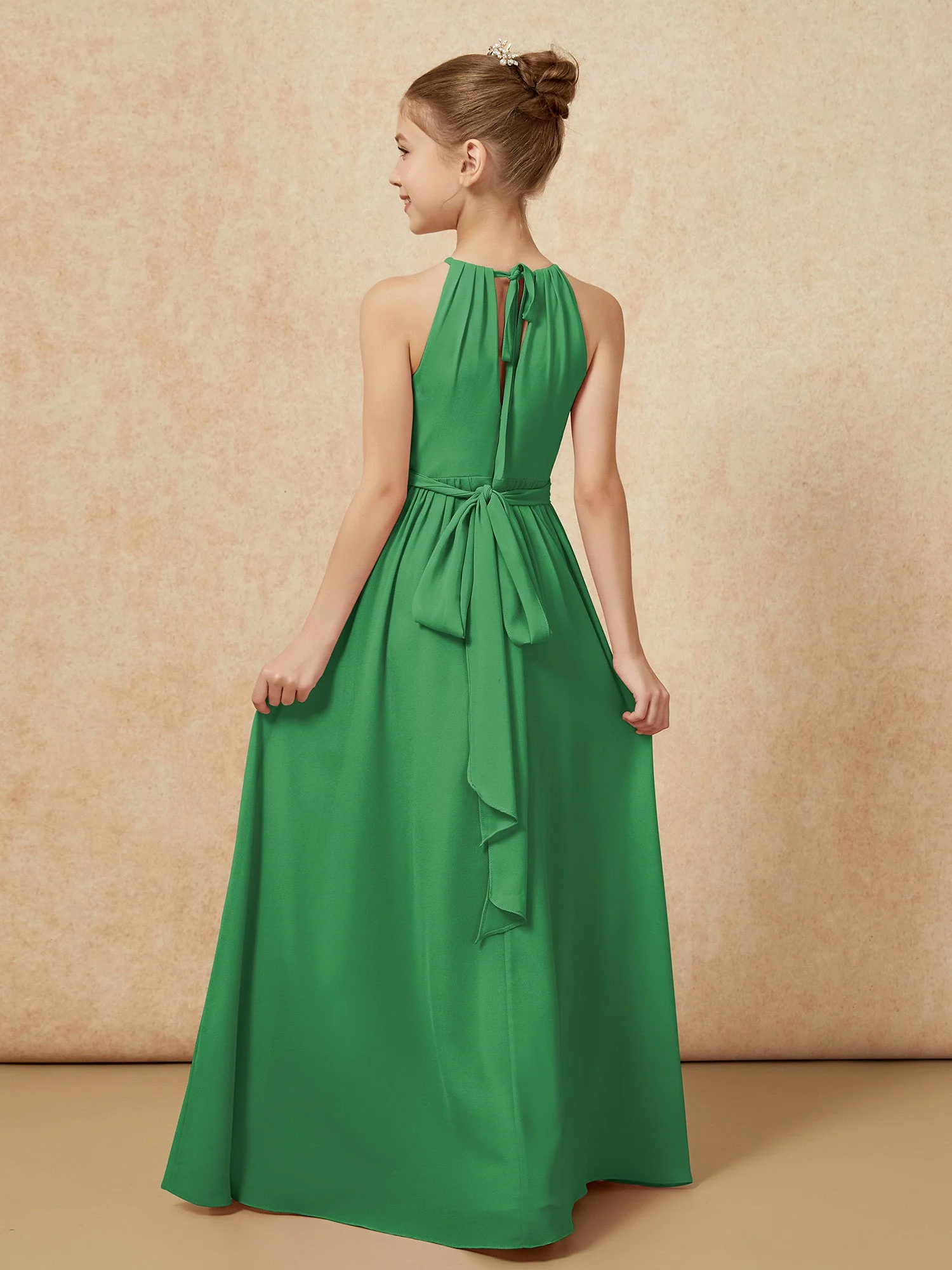 Ärmellos Plissee Lang Chiffon Junge Brautjungfernkleider Smaragd - Image 2