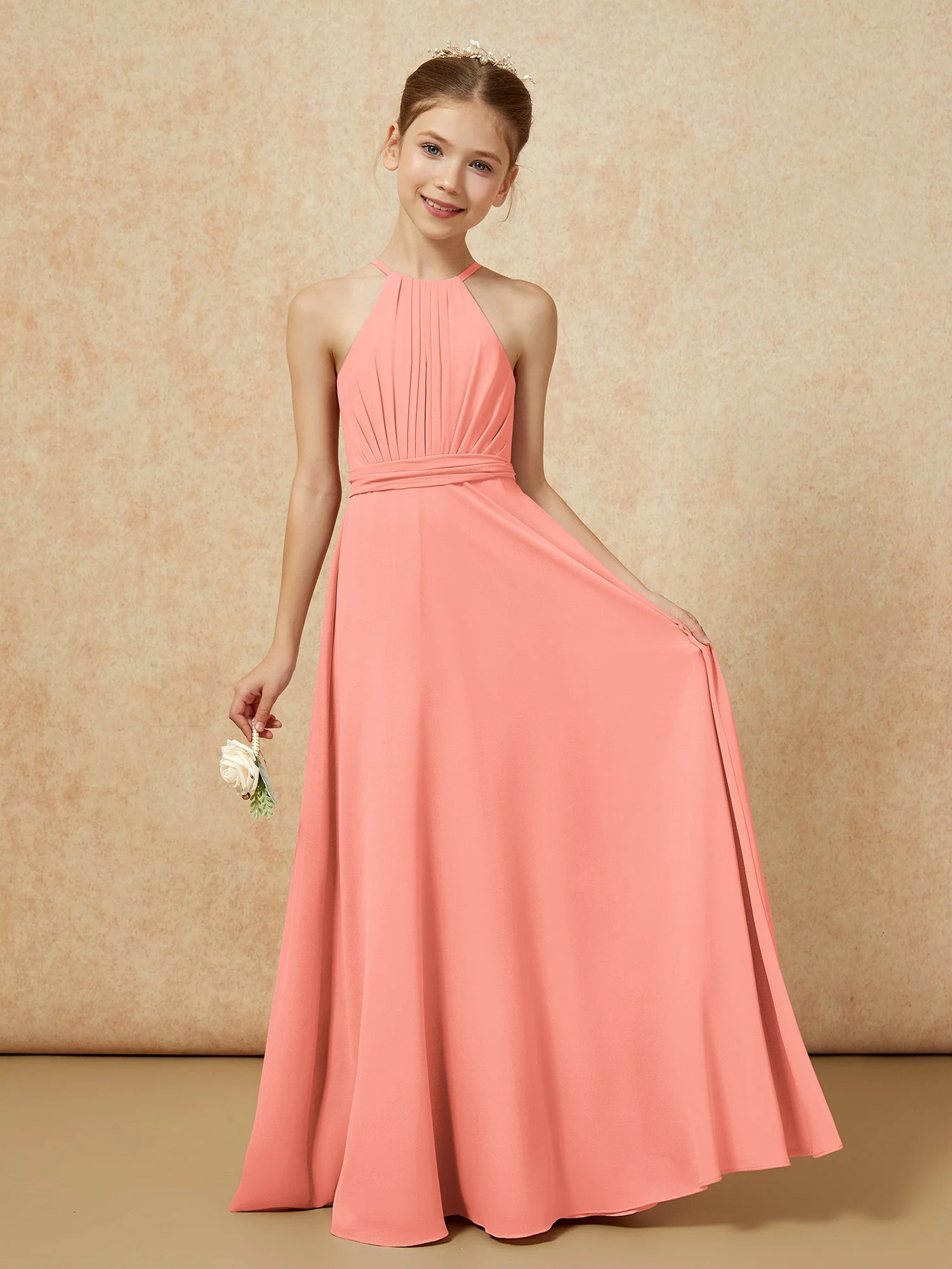 Ärmellos Plissee Lang Chiffon Junge Brautjungfernkleider Sonnenuntergang