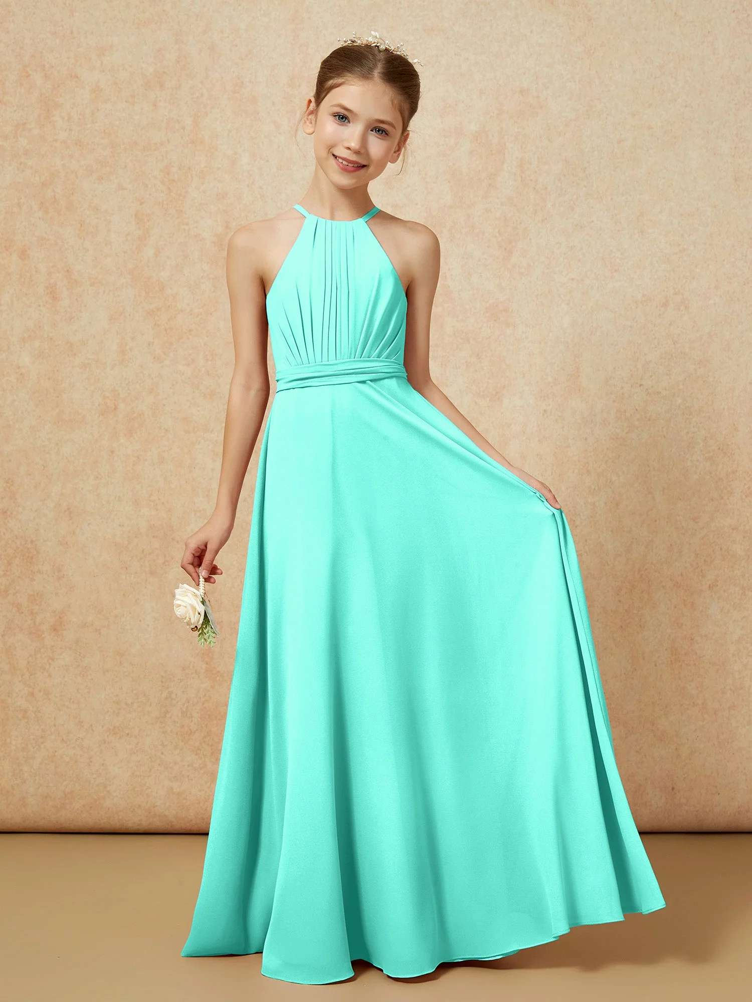 Ärmellos Plissee Lang Chiffon Junge Brautjungfernkleider Spa