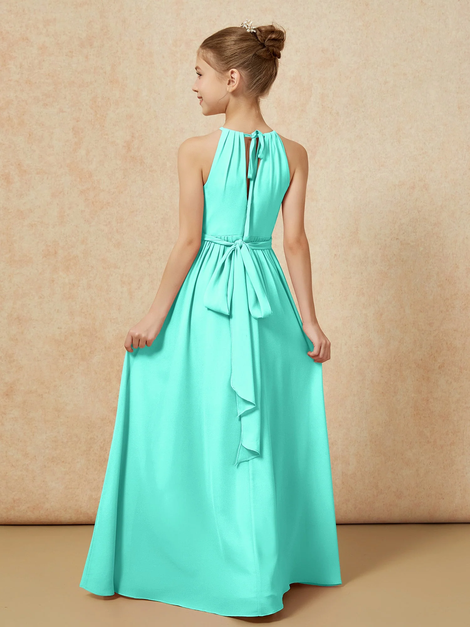 Ärmellos Plissee Lang Chiffon Junge Brautjungfernkleider Spa - Image 2