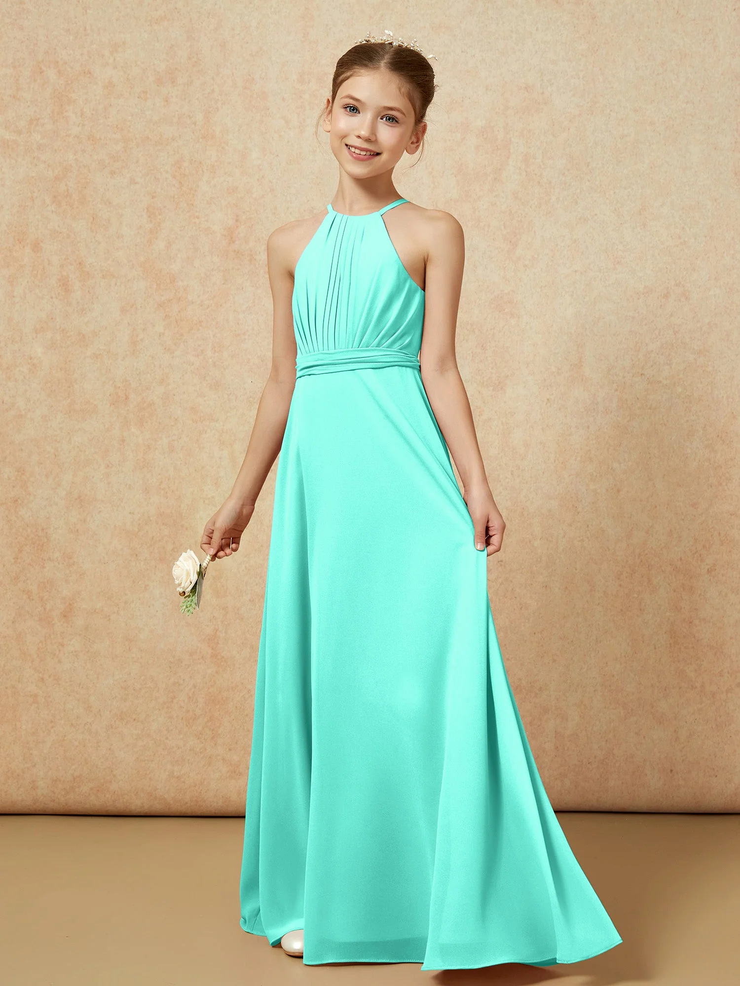 Ärmellos Plissee Lang Chiffon Junge Brautjungfernkleider Spa - Image 3