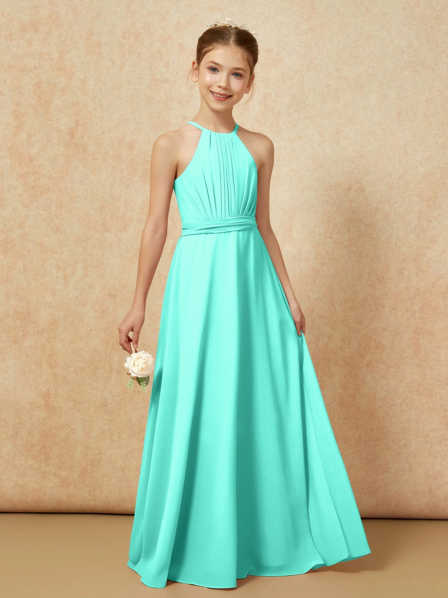 Ärmellos Plissee Lang Chiffon Junge Brautjungfernkleider Spa - Image 6