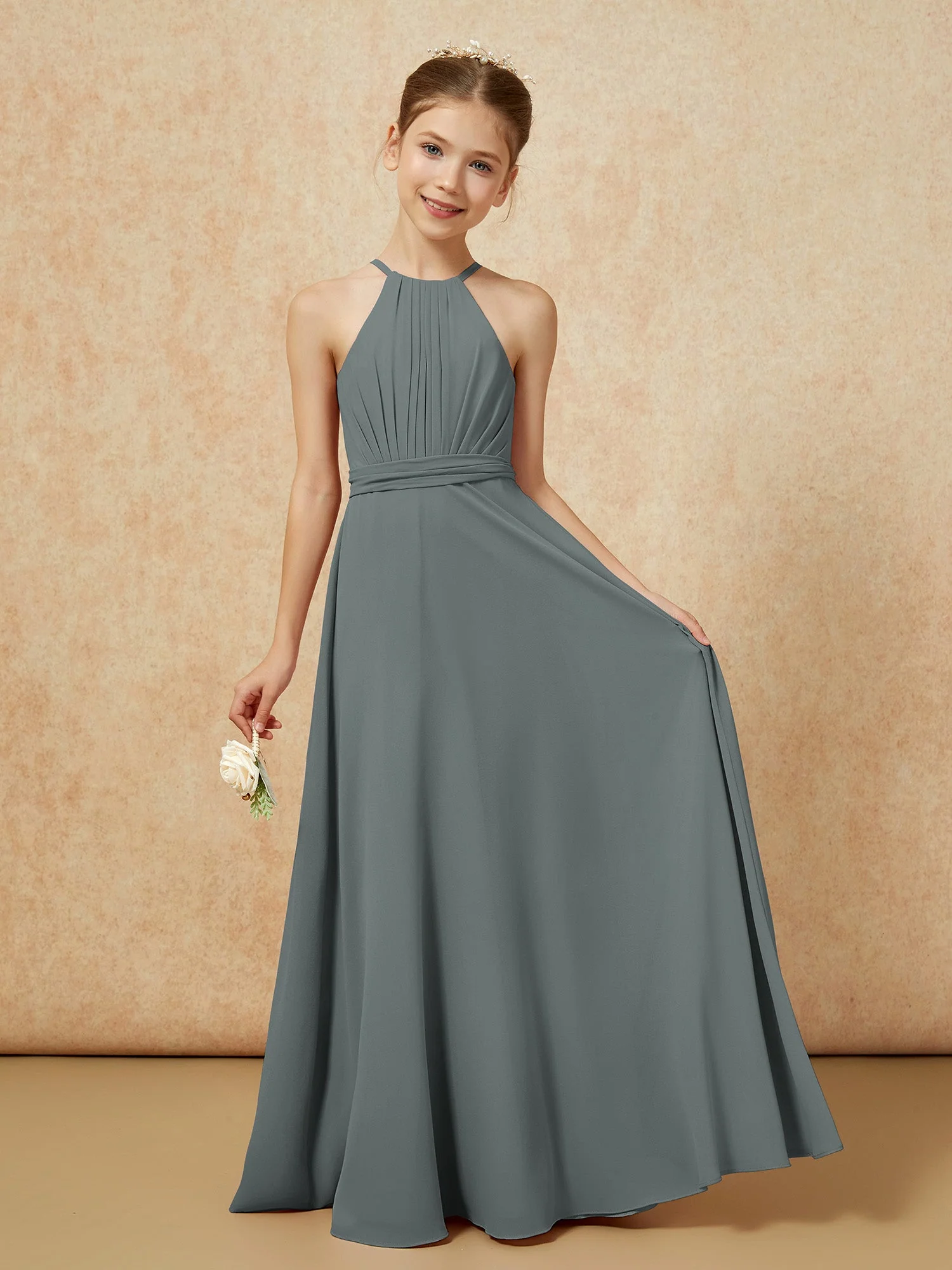 Ärmellos Plissee Lang Chiffon Junge Brautjungfernkleider Stahlgrau