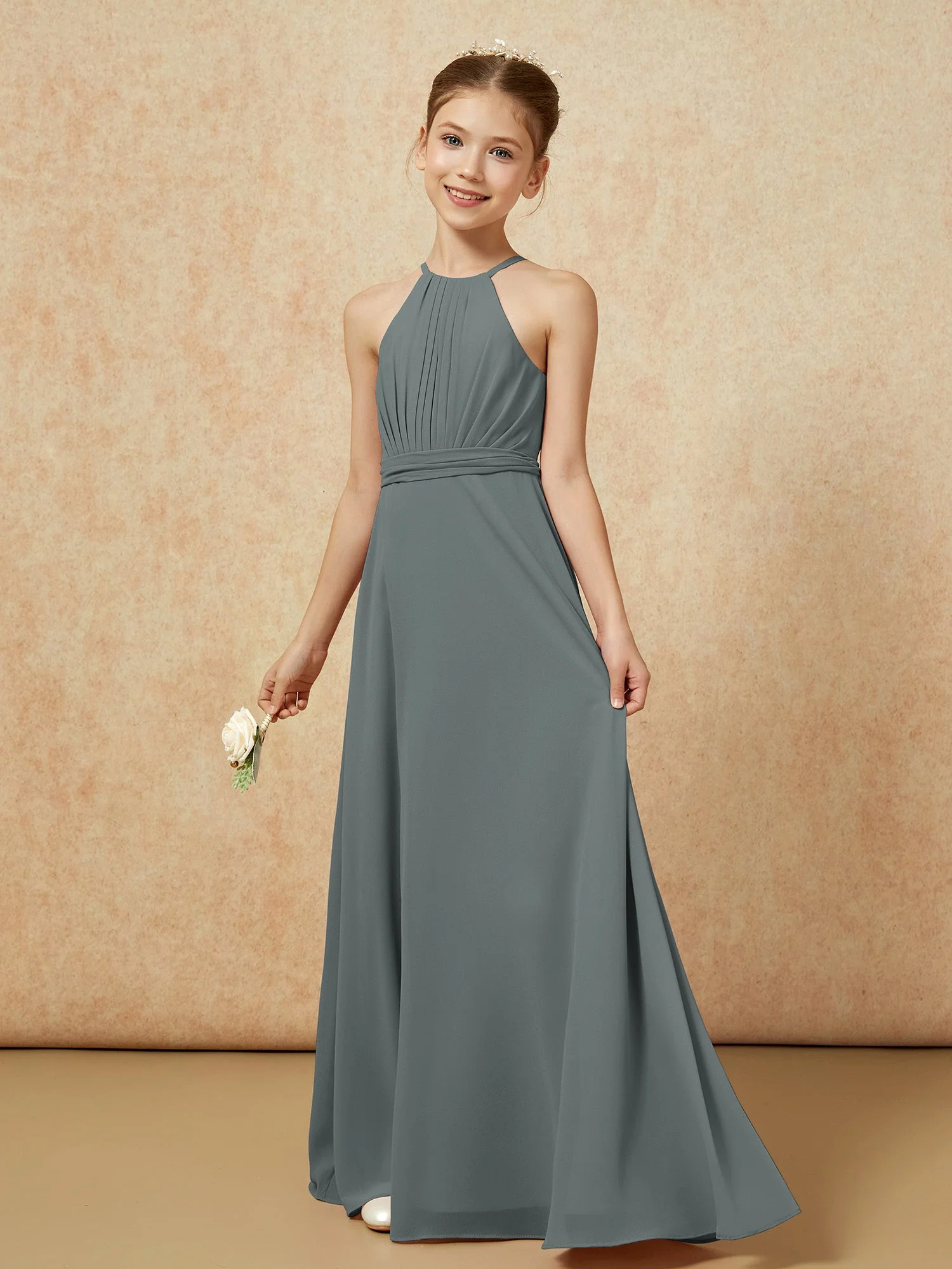 Ärmellos Plissee Lang Chiffon Junge Brautjungfernkleider Stahlgrau - Image 3