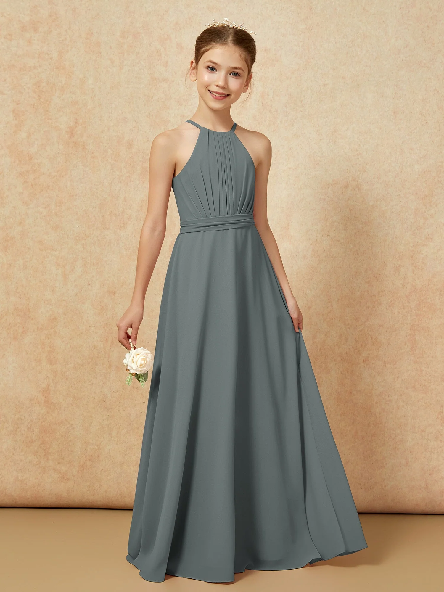 Ärmellos Plissee Lang Chiffon Junge Brautjungfernkleider Stahlgrau - Image 6
