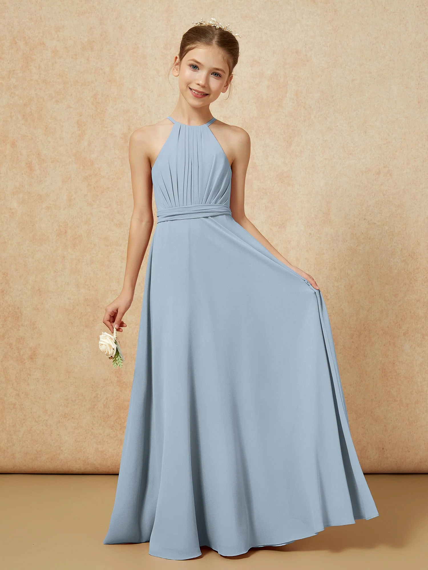 Ärmellos Plissee Lang Chiffon Junge Brautjungfernkleider Staubiges Blau