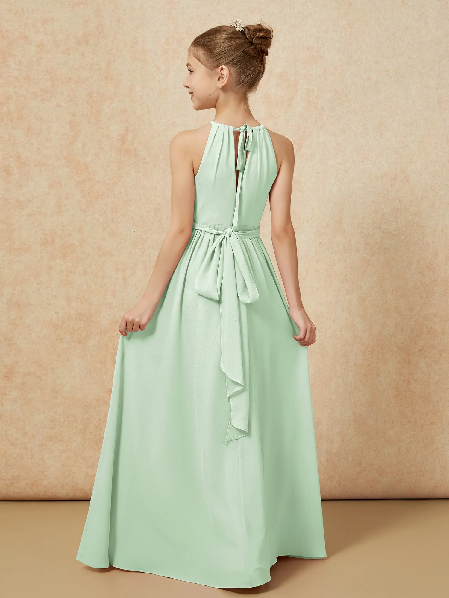 Ärmellos Plissee Lang Chiffon Junge Brautjungfernkleider Staubiges Salbei - Image 2