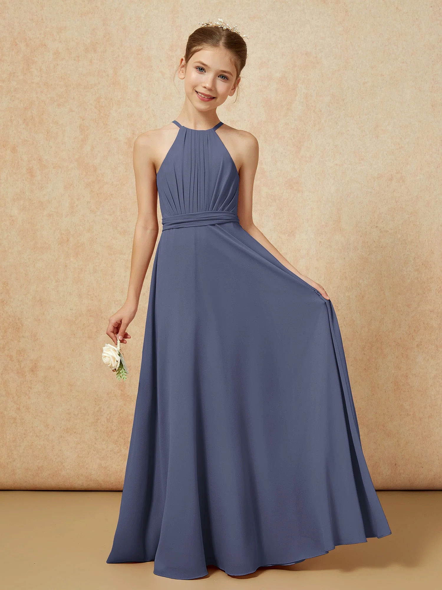 Ärmellos Plissee Lang Chiffon Junge Brautjungfernkleider Sturm
