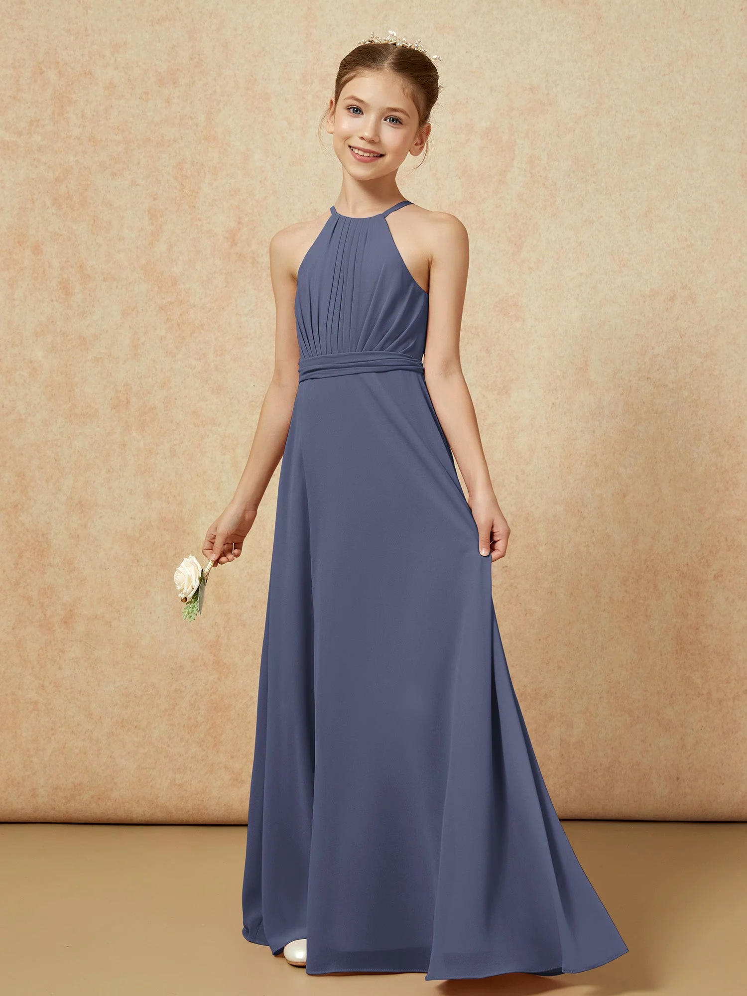 Ärmellos Plissee Lang Chiffon Junge Brautjungfernkleider Sturm - Image 3