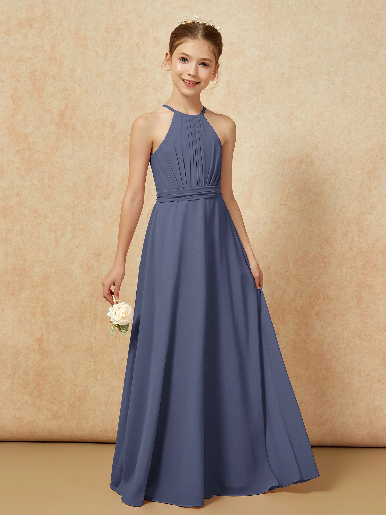 Ärmellos Plissee Lang Chiffon Junge Brautjungfernkleider Sturm - Image 6