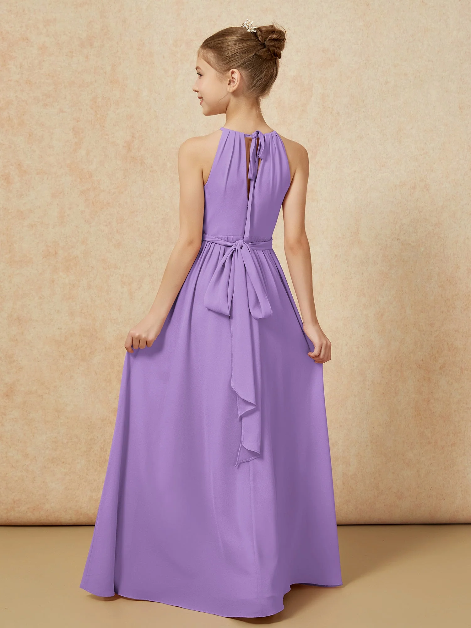 Ärmellos Plissee Lang Chiffon Junge Brautjungfernkleider Tahiti - Image 2