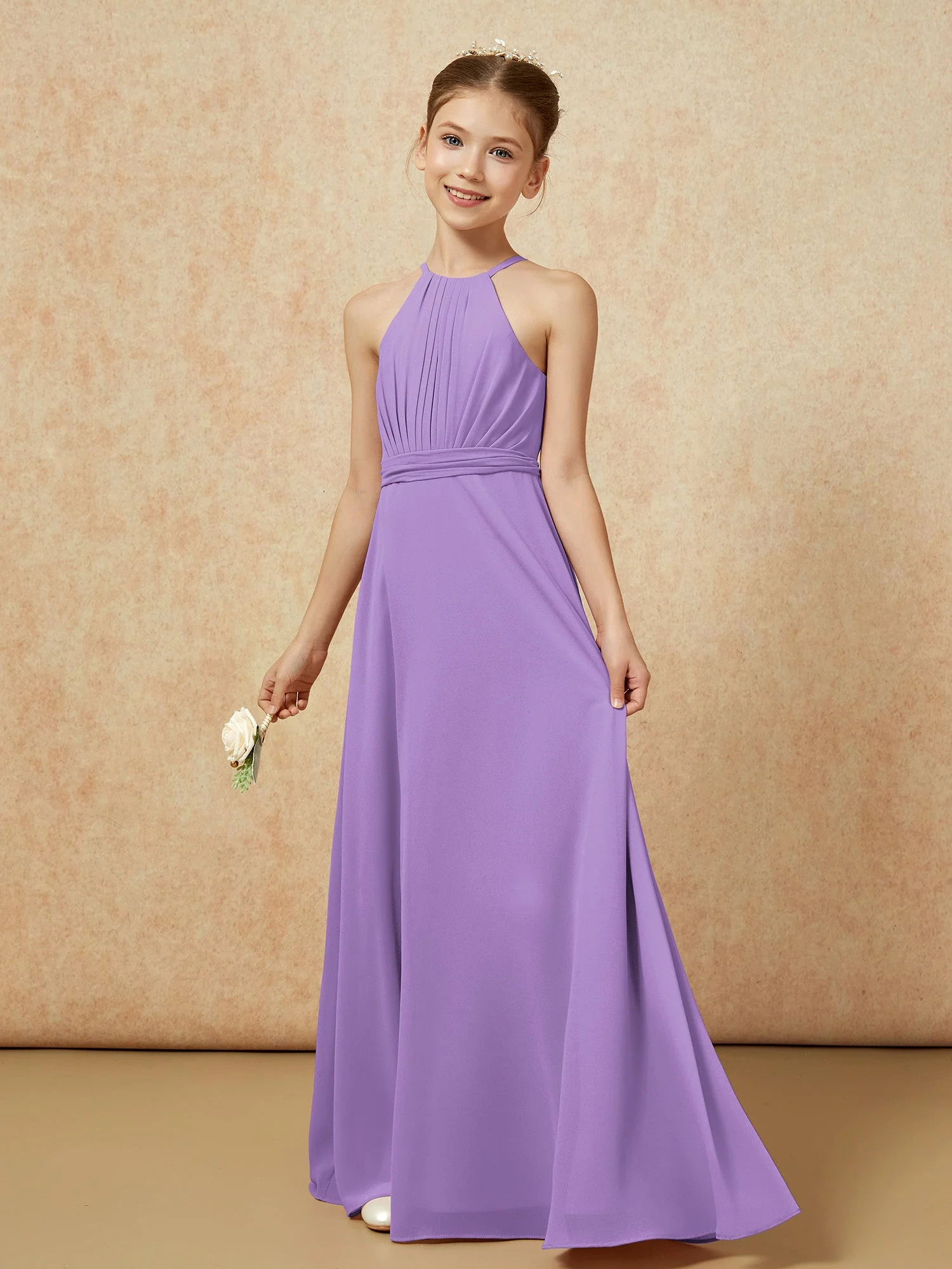 Ärmellos Plissee Lang Chiffon Junge Brautjungfernkleider Tahiti - Image 3