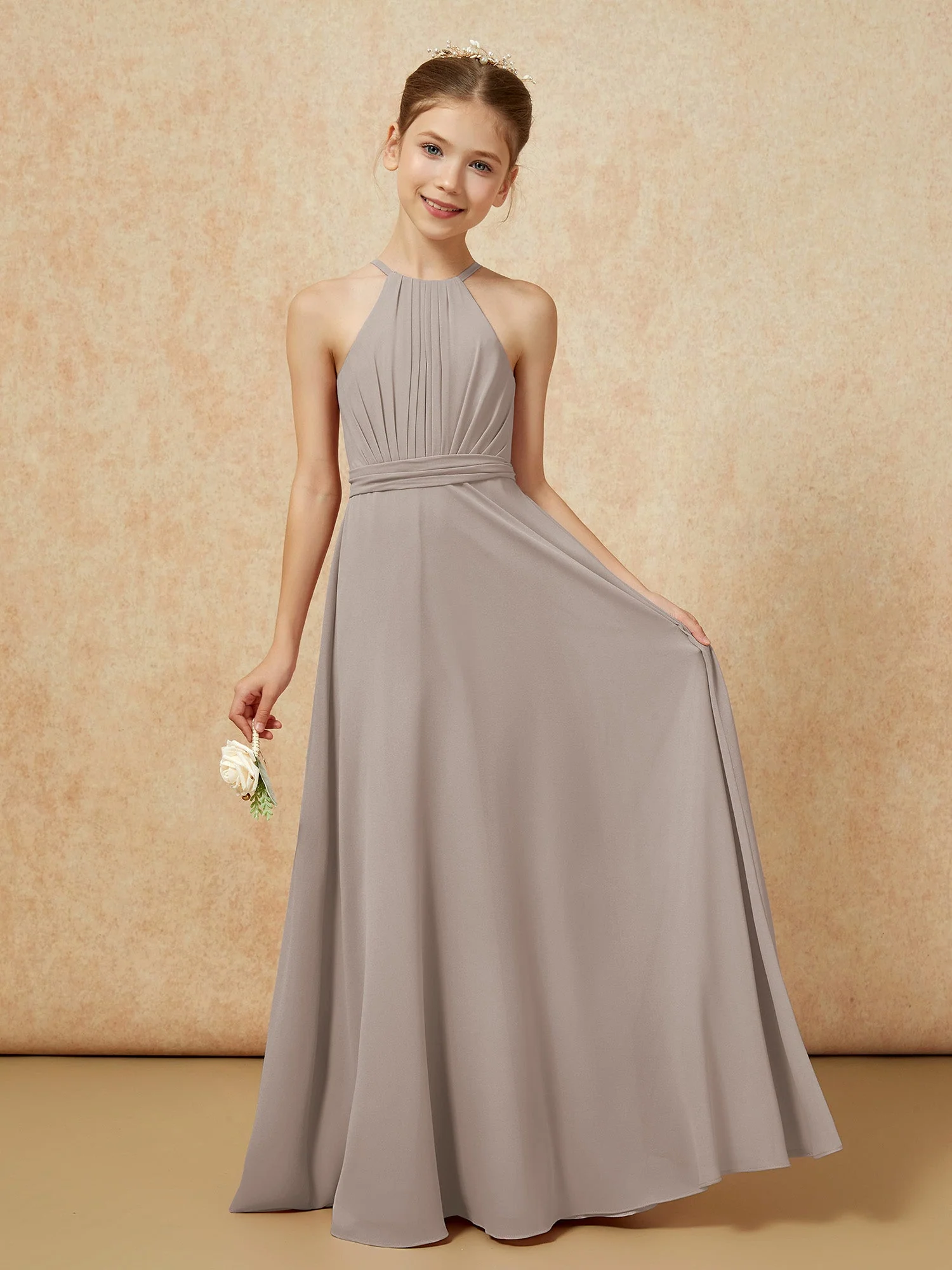 Ärmellos Plissee Lang Chiffon Junge Brautjungfernkleider Taupe