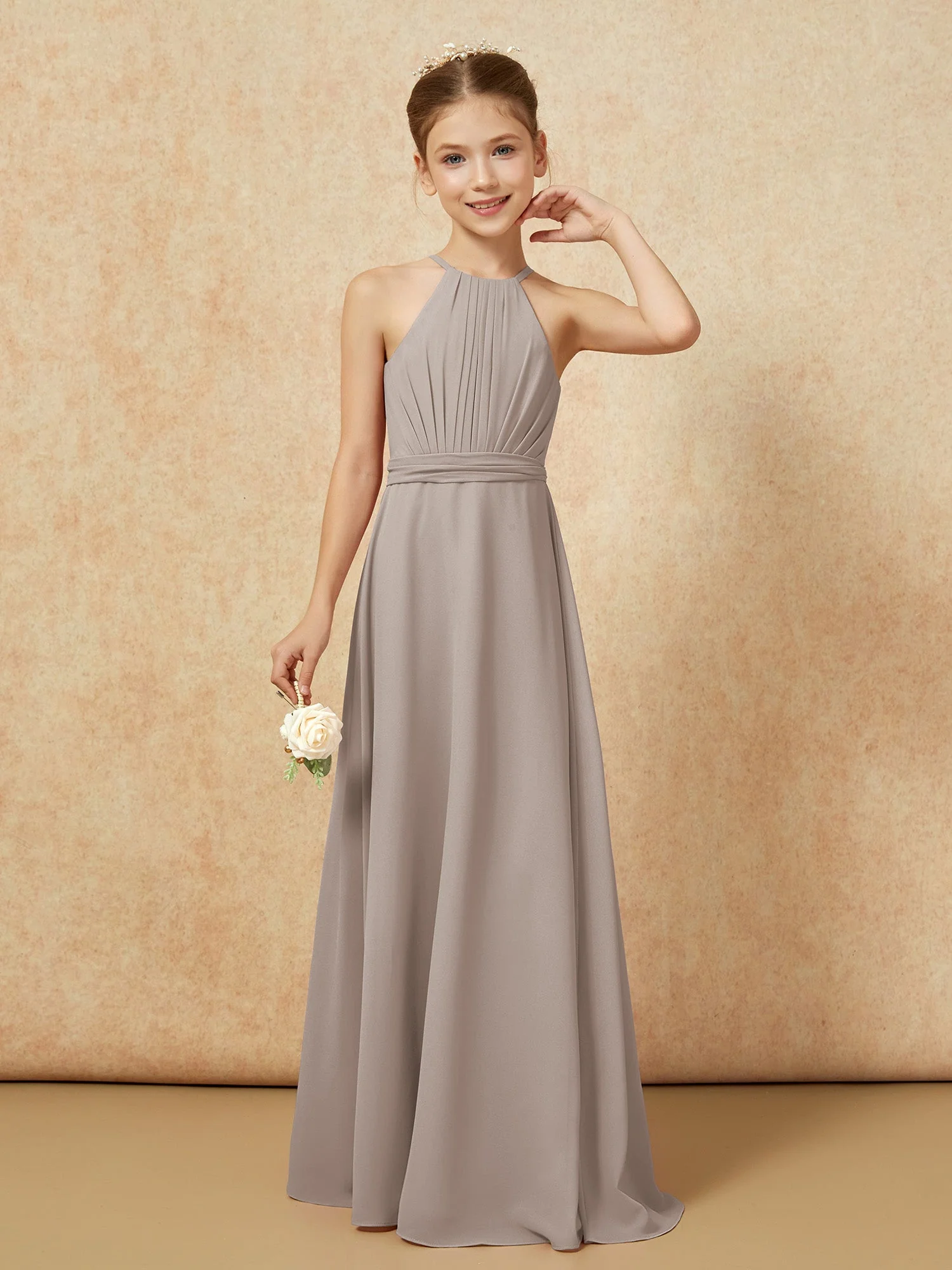 Ärmellos Plissee Lang Chiffon Junge Brautjungfernkleider Taupe - Image 5