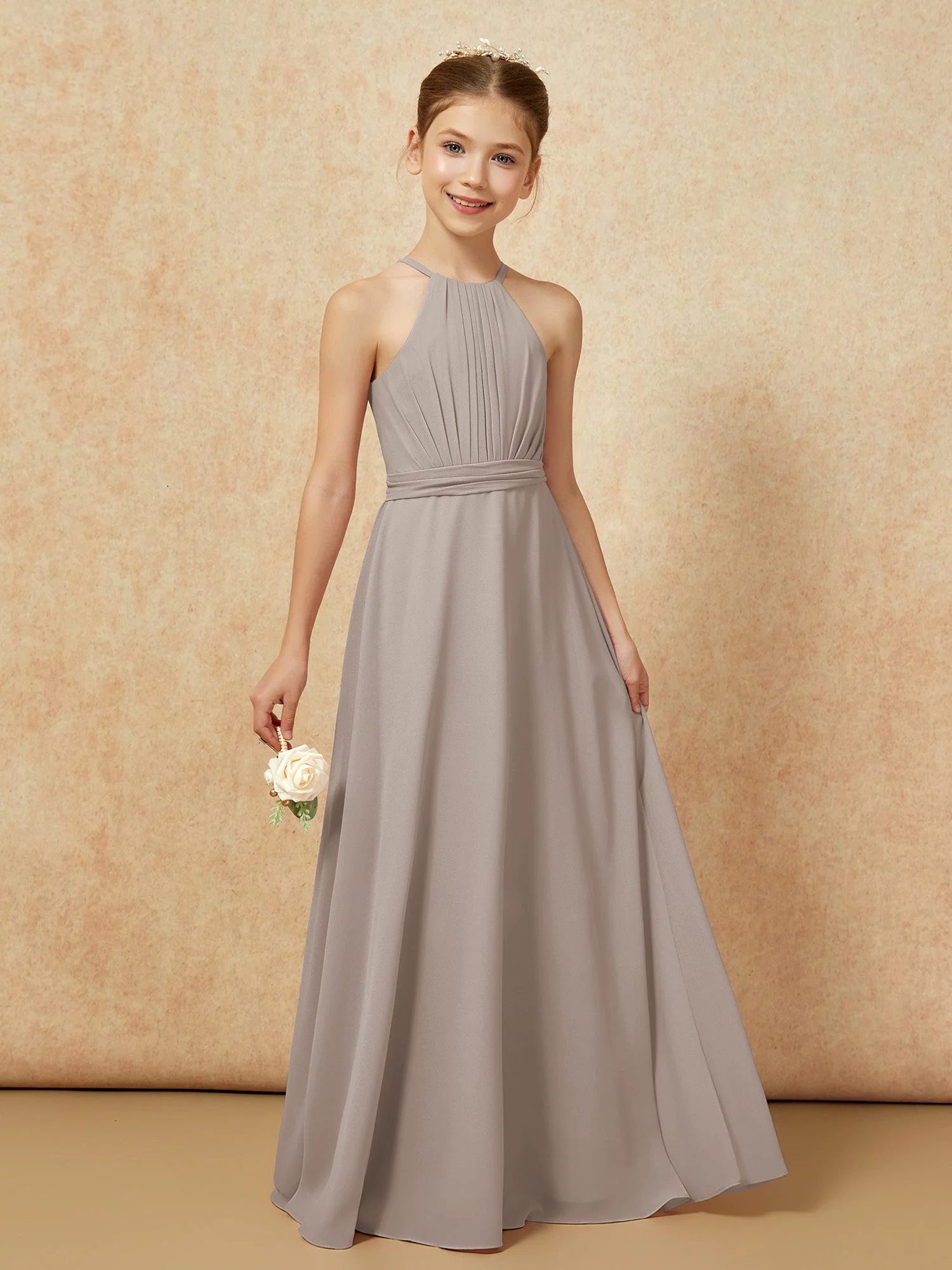 Ärmellos Plissee Lang Chiffon Junge Brautjungfernkleider Taupe - Image 6