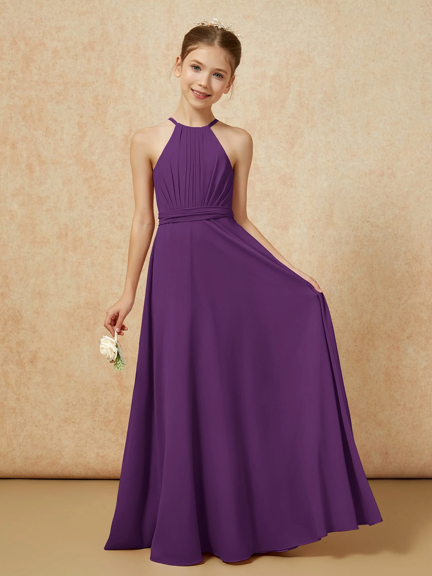Ärmellos Plissee Lang Chiffon Junge Brautjungfernkleider Traube