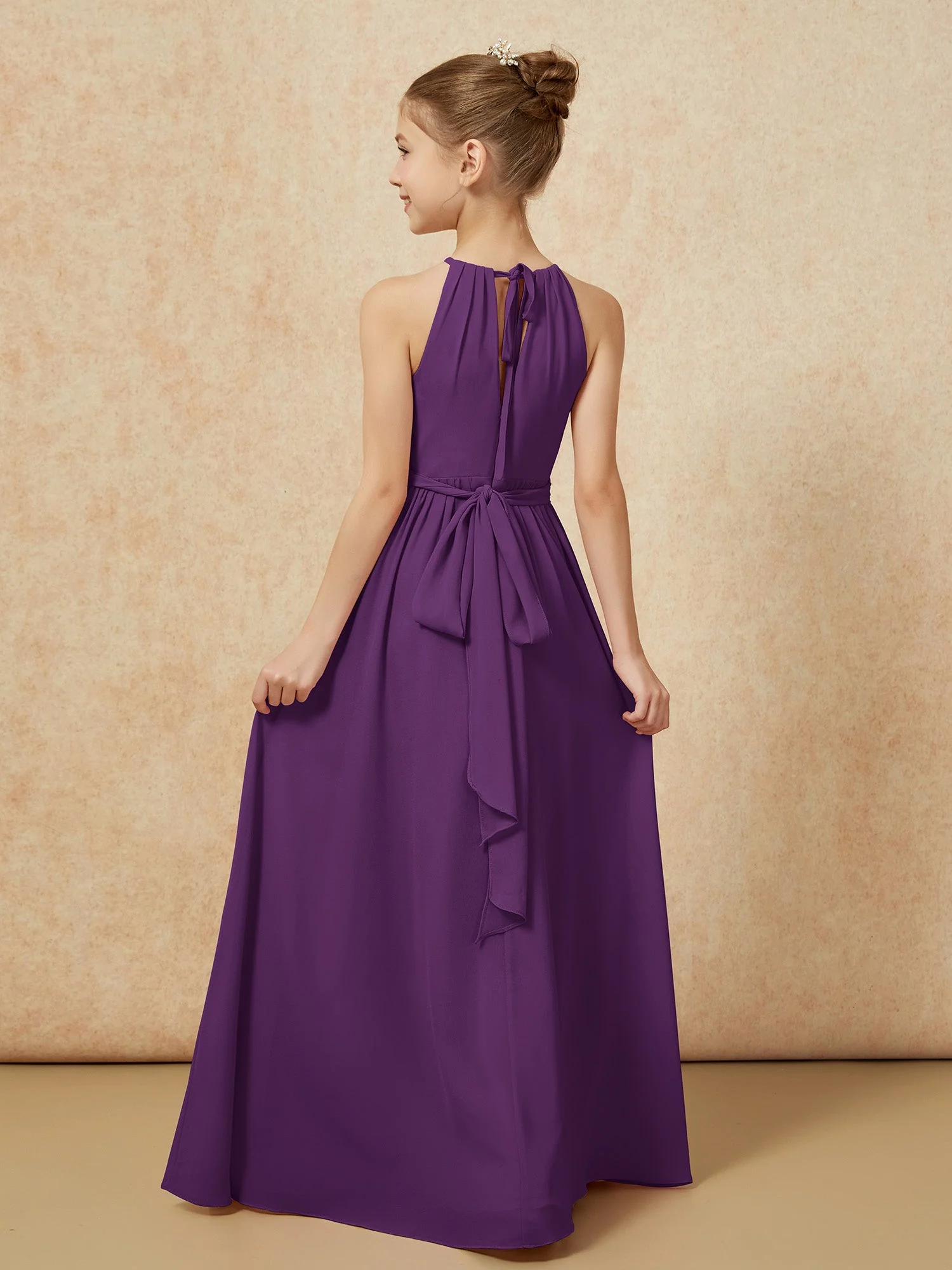 Ärmellos Plissee Lang Chiffon Junge Brautjungfernkleider Traube - Image 2