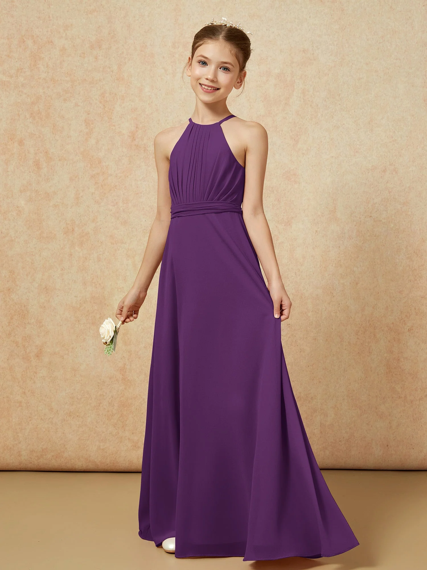 Ärmellos Plissee Lang Chiffon Junge Brautjungfernkleider Traube - Image 3