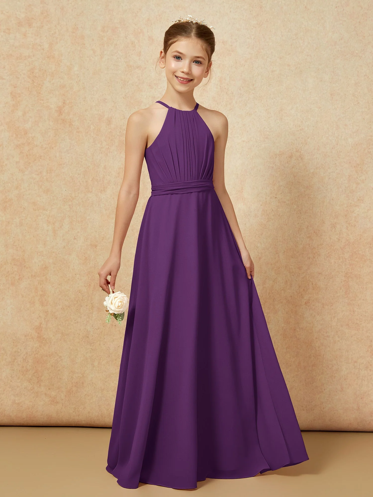 Ärmellos Plissee Lang Chiffon Junge Brautjungfernkleider Traube - Image 6