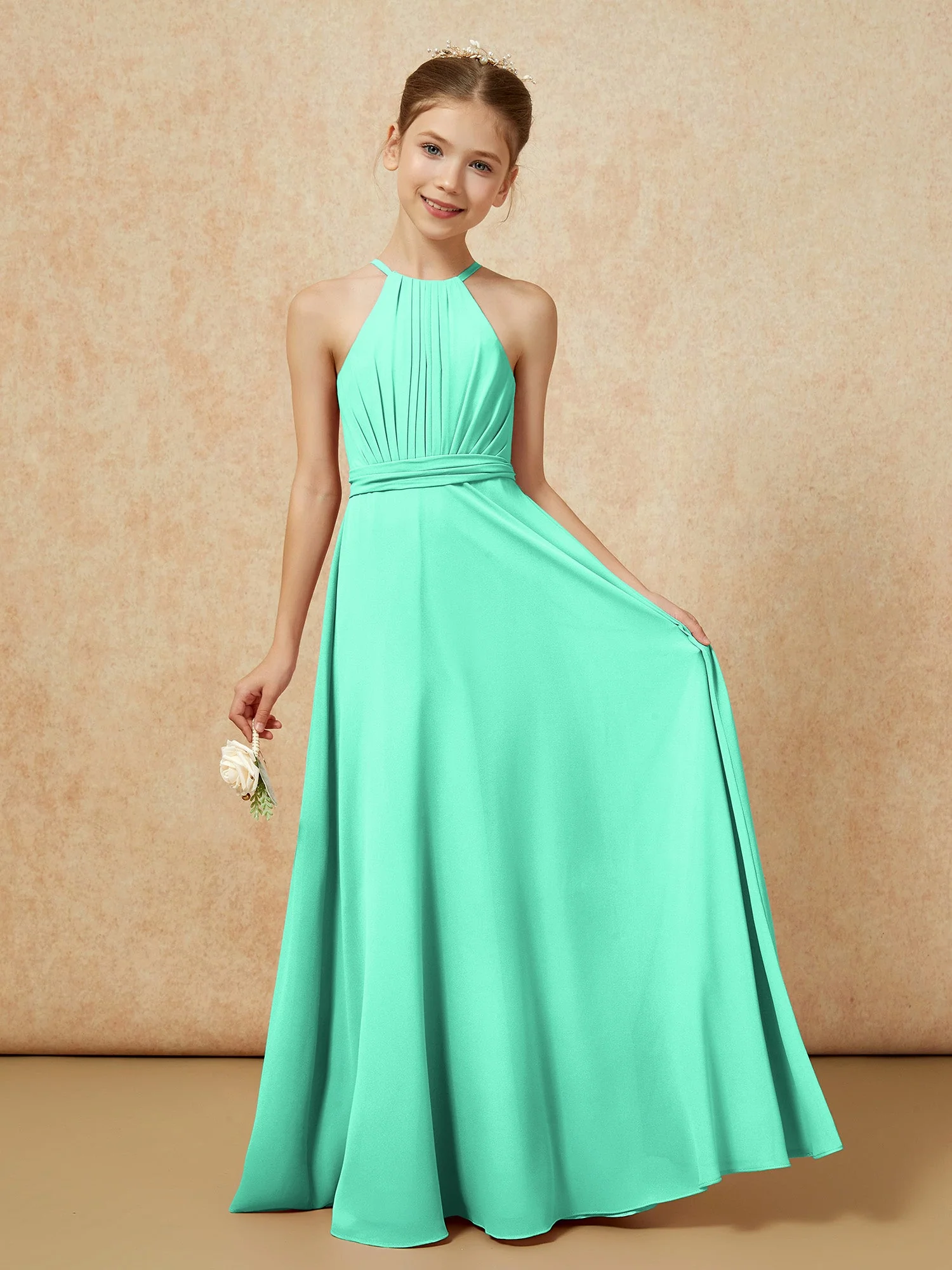 Ärmellos Plissee Lang Chiffon Junge Brautjungfernkleider Türkis