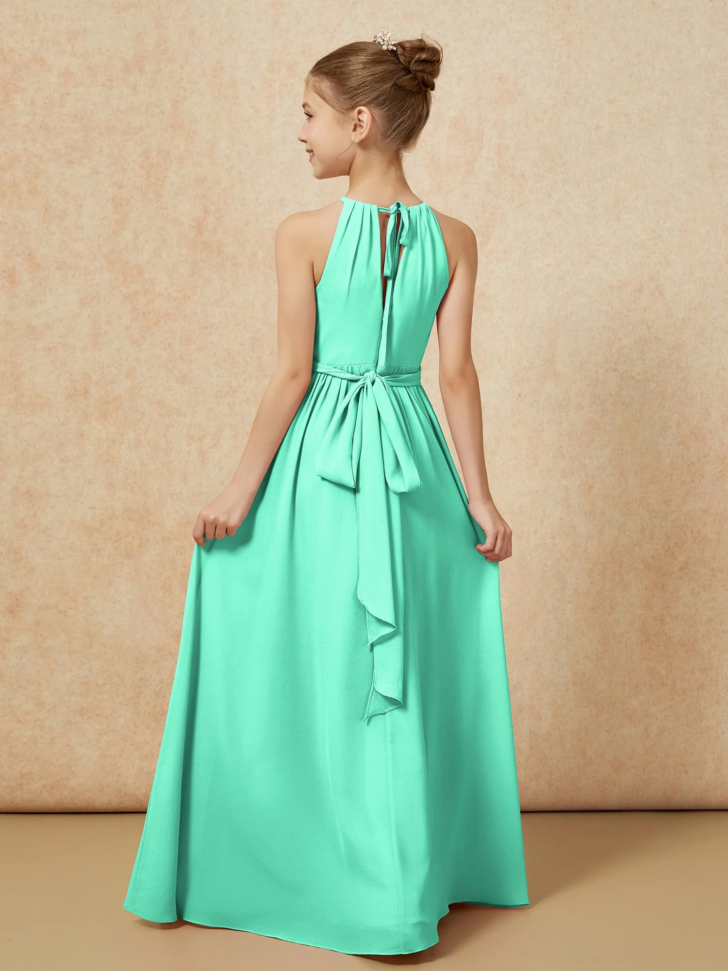 Ärmellos Plissee Lang Chiffon Junge Brautjungfernkleider Türkis - Image 2