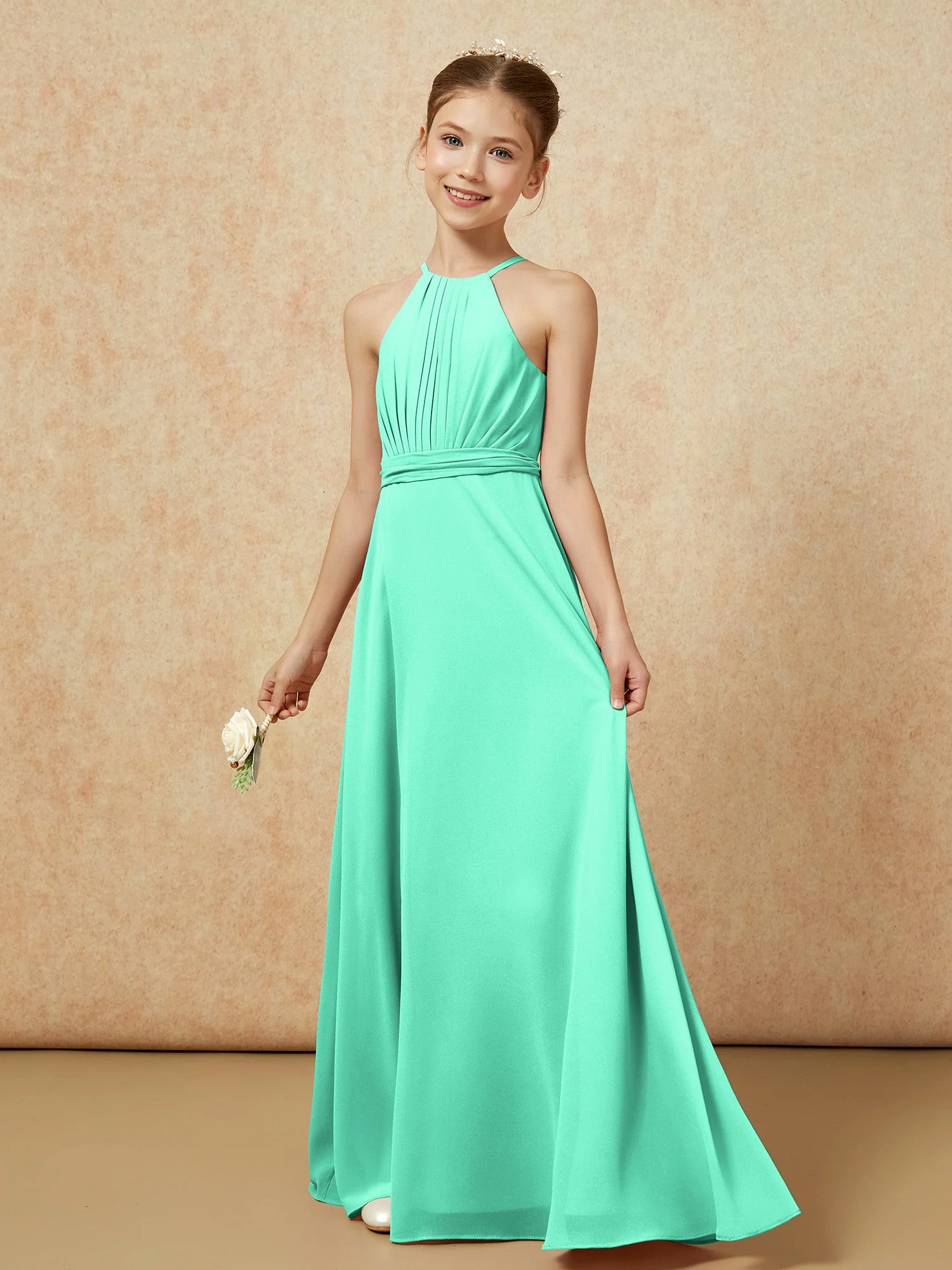 Ärmellos Plissee Lang Chiffon Junge Brautjungfernkleider Türkis - Image 3