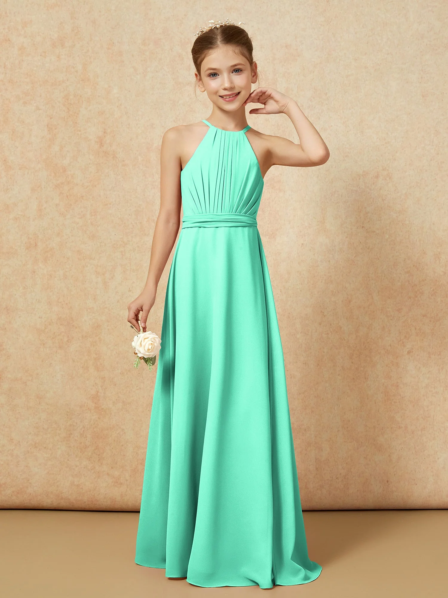 Ärmellos Plissee Lang Chiffon Junge Brautjungfernkleider Türkis - Image 5