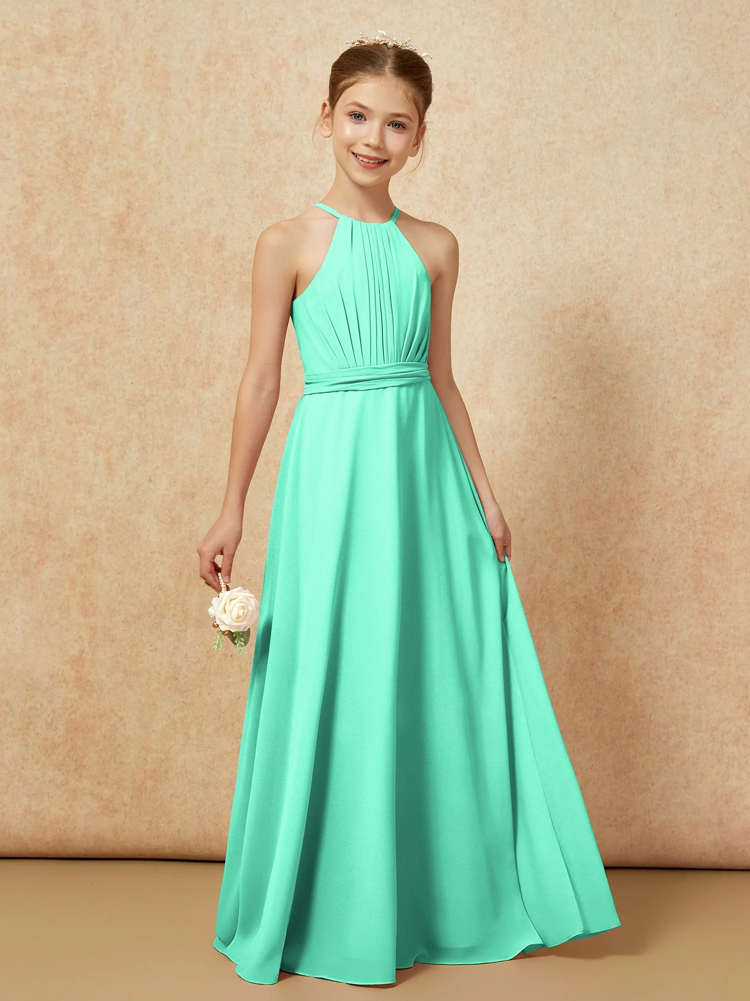 Ärmellos Plissee Lang Chiffon Junge Brautjungfernkleider Türkis - Image 6