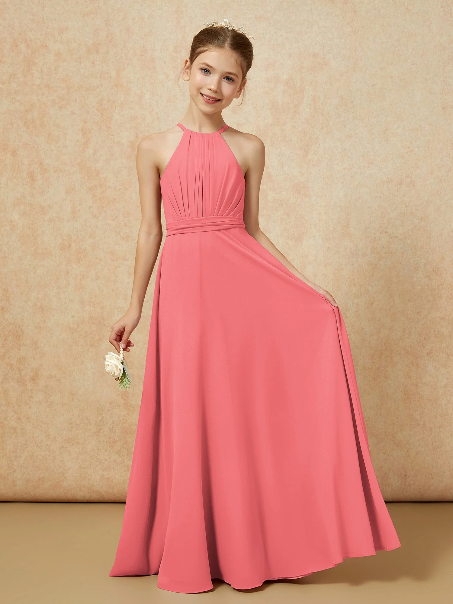 Ärmellos Plissee Lang Chiffon Junge Brautjungfernkleider Wassermelone