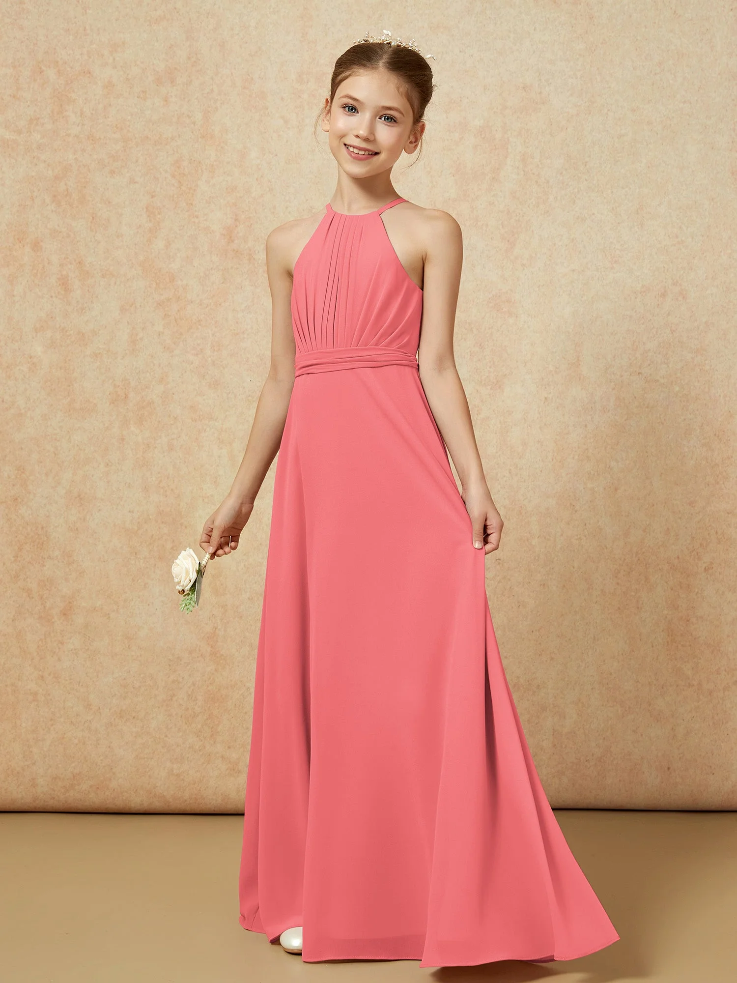 Ärmellos Plissee Lang Chiffon Junge Brautjungfernkleider Wassermelone - Image 3