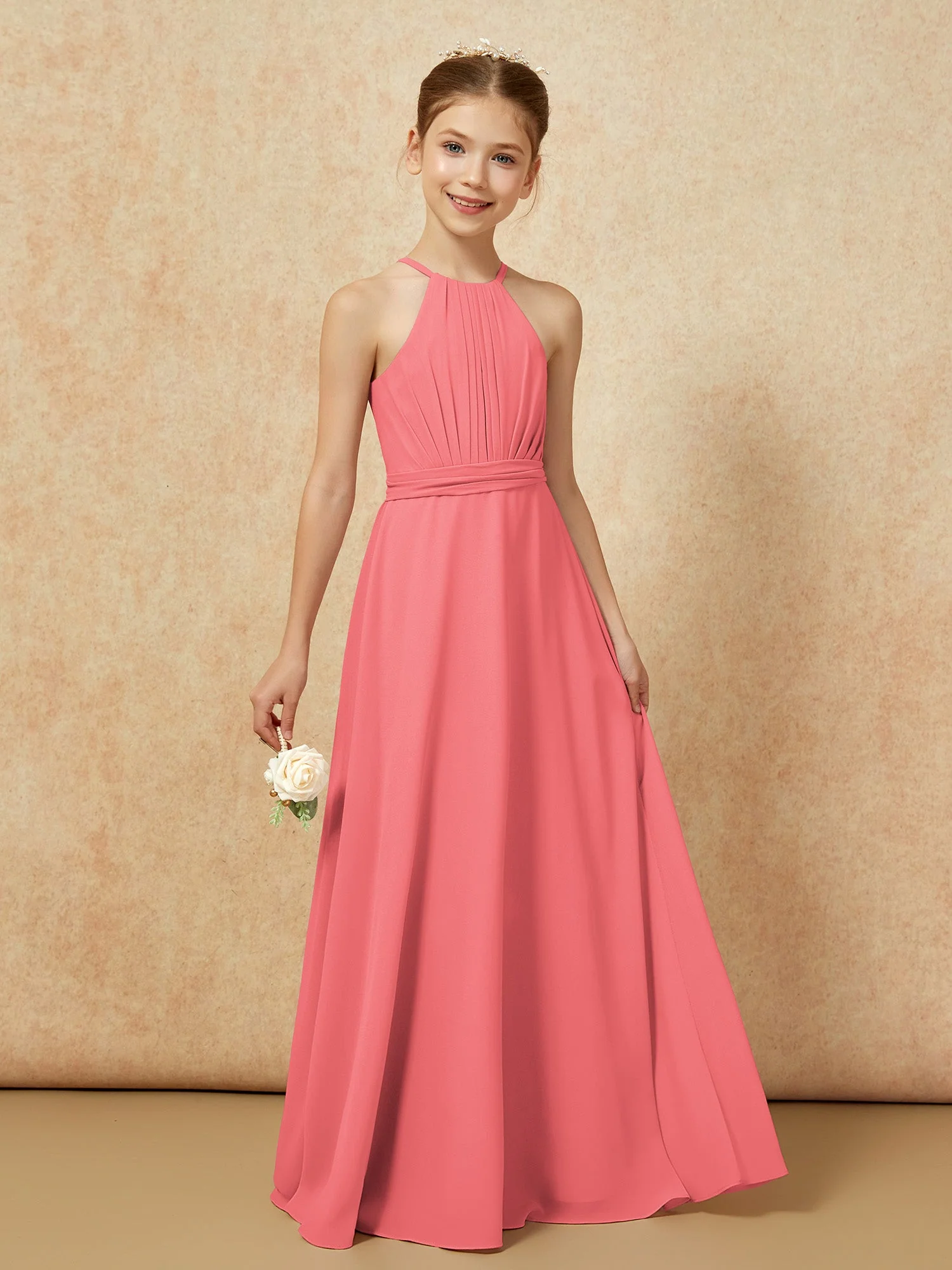 Ärmellos Plissee Lang Chiffon Junge Brautjungfernkleider Wassermelone - Image 6