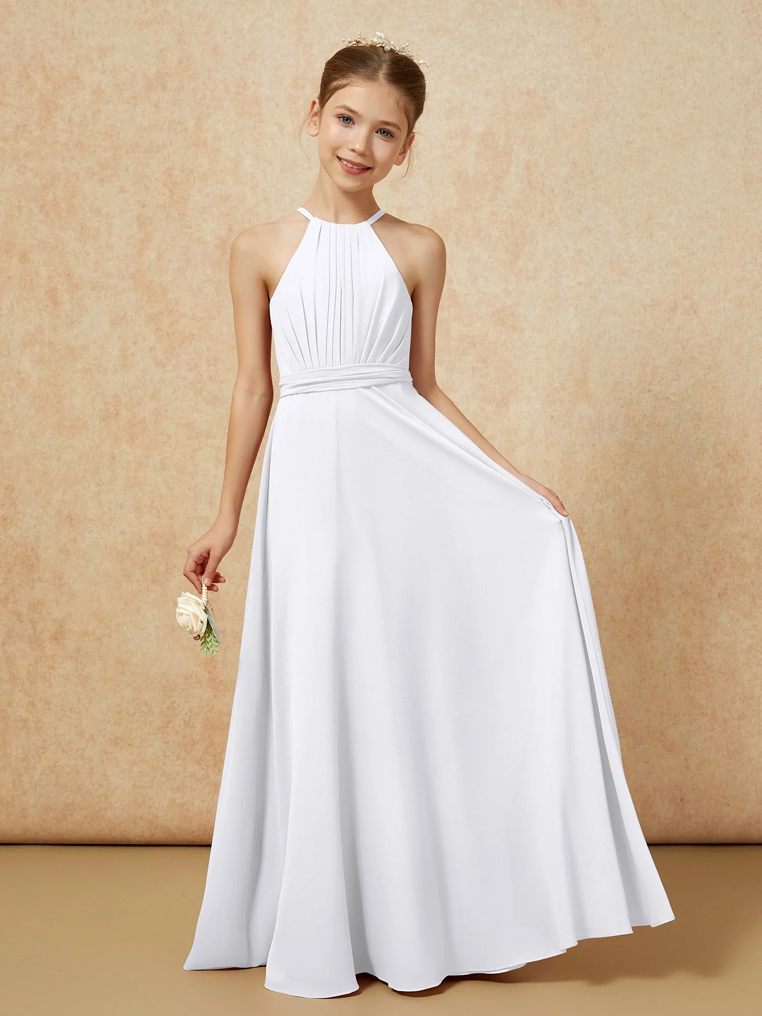 Ärmellos Plissee Lang Chiffon Junge Brautjungfernkleider Weiß
