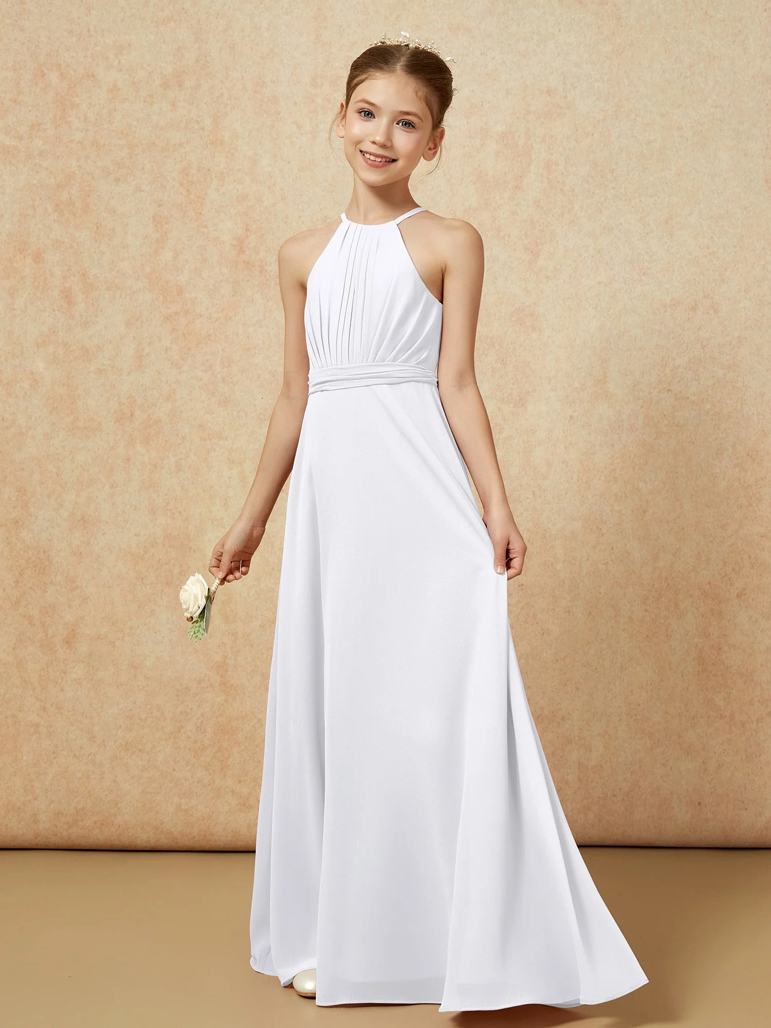 Ärmellos Plissee Lang Chiffon Junge Brautjungfernkleider Weiß - Image 3